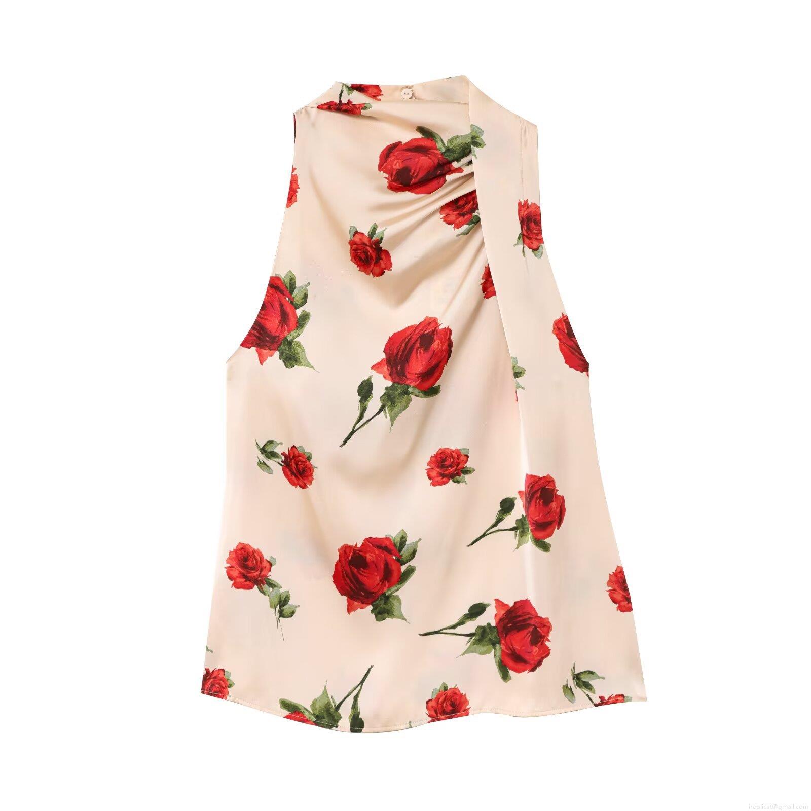 Women's Halter Neck Satin Sleeveless Blouse Elegant Red Rose Floral Print Backless Slim Fit Socialite Style Party Shirt Top for Women Lady