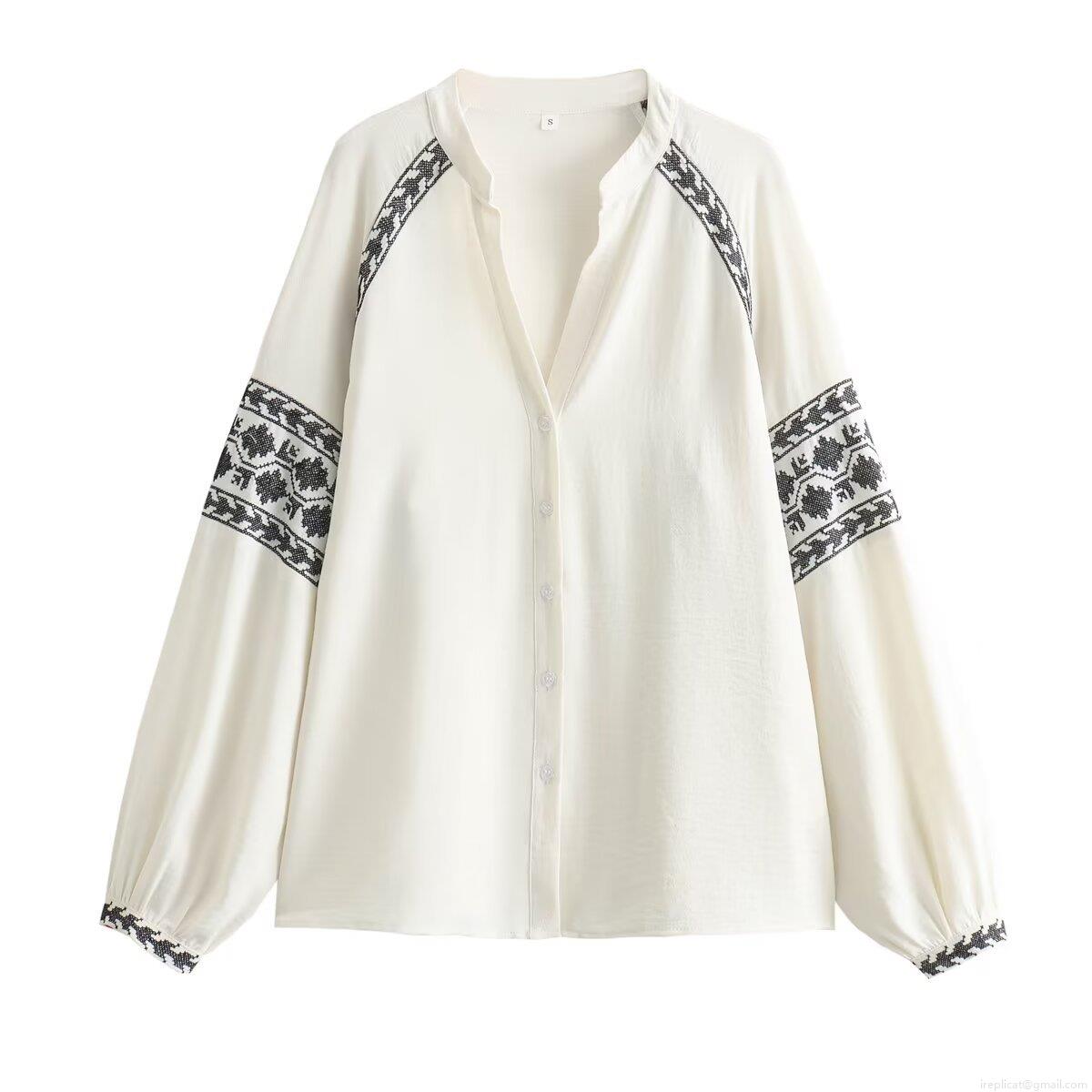Women's Ethnic Geometric Embroidered Blouse 100% Polyester Lantern Long Sleeve V-Neck Button Up Shirt Boho Style Cream White Tops for Ladies