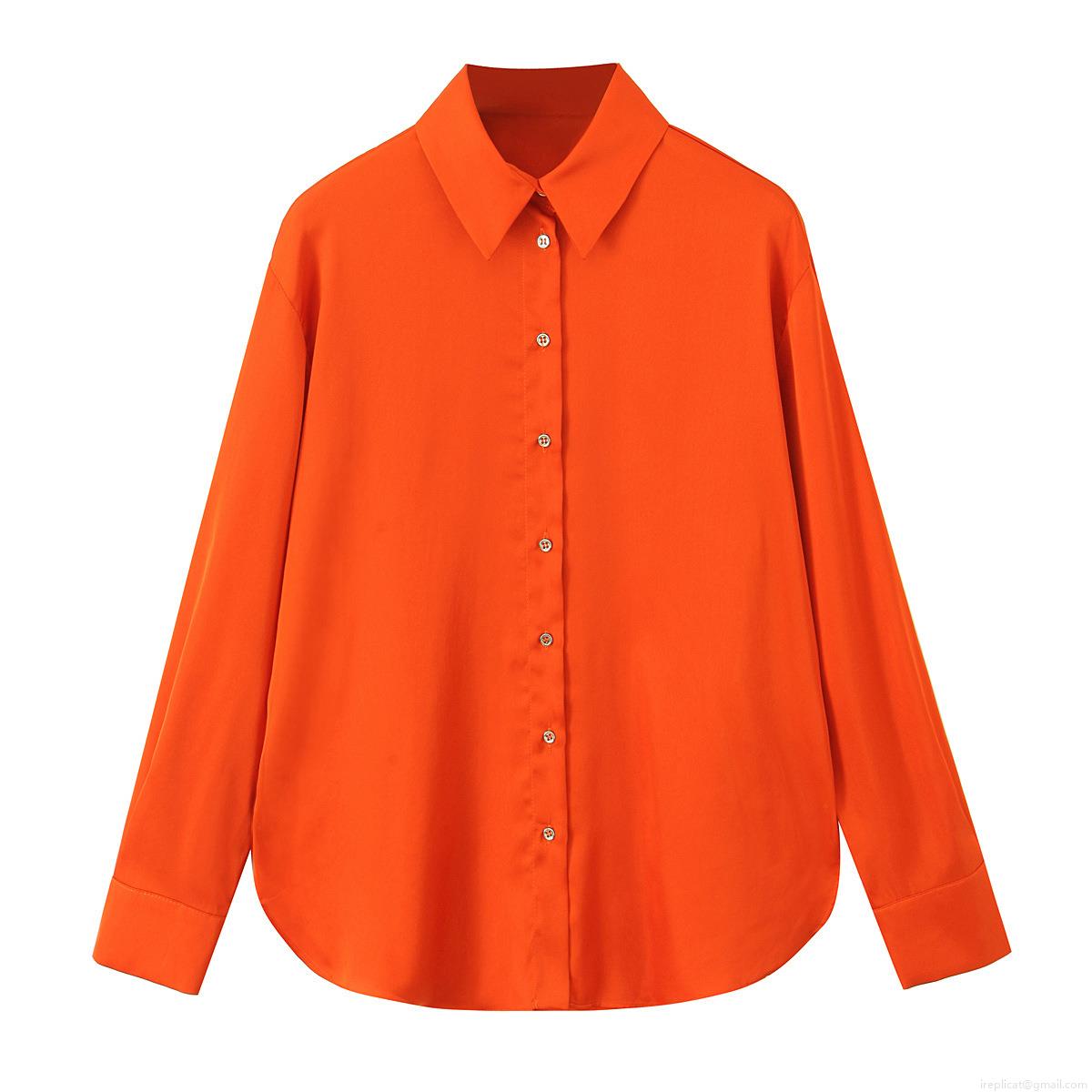 Women's Fashion Satin Texture Solid Color Long Sleeve Blouse Elegant Lapel Button Down Shirt With Back Adjustable Drawstring Curved Hem Office Top