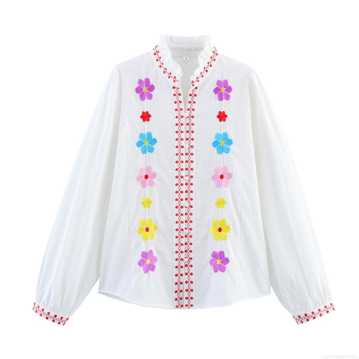 Elegant Long Sleeve Stand Collar Ruffle White Blouse With Colorful Floral Embroidery Polyester Ethnic Style Casual Fashion Button Down Tops For Women