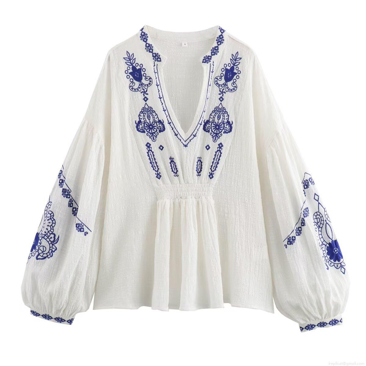 Women's Bohemian Ethnic Embroidery Cotton Blouse V Neck Lantern Sleeve Smocked Waist Shirt White Blue Floral Sequined Beaded Casual Long Sleeve Top