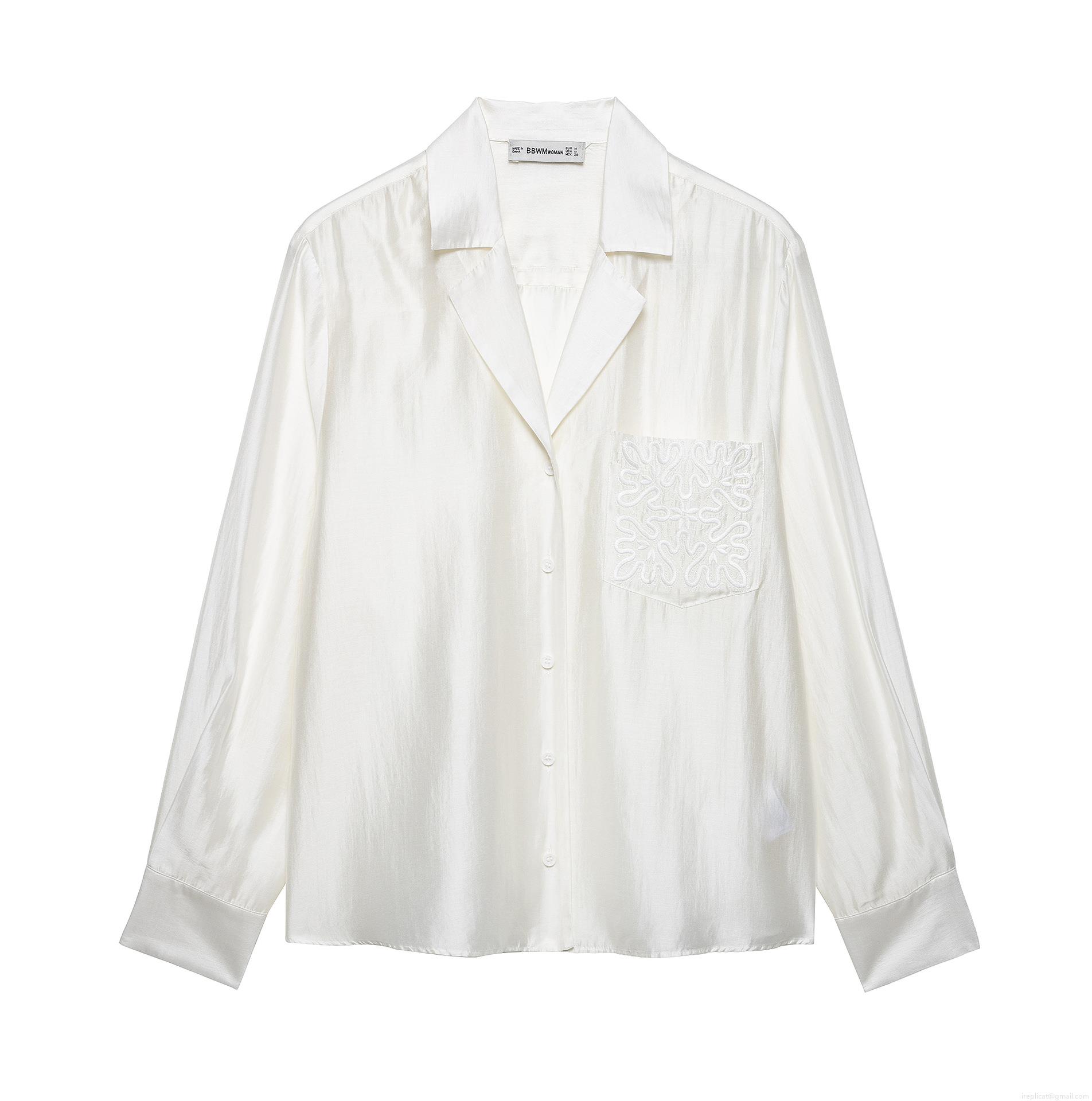 French Elegant Acetate Satin Long Sleeve Shirt For Women With Pocket Embroidery Loose Pearl White Blouse Top Office Commute
