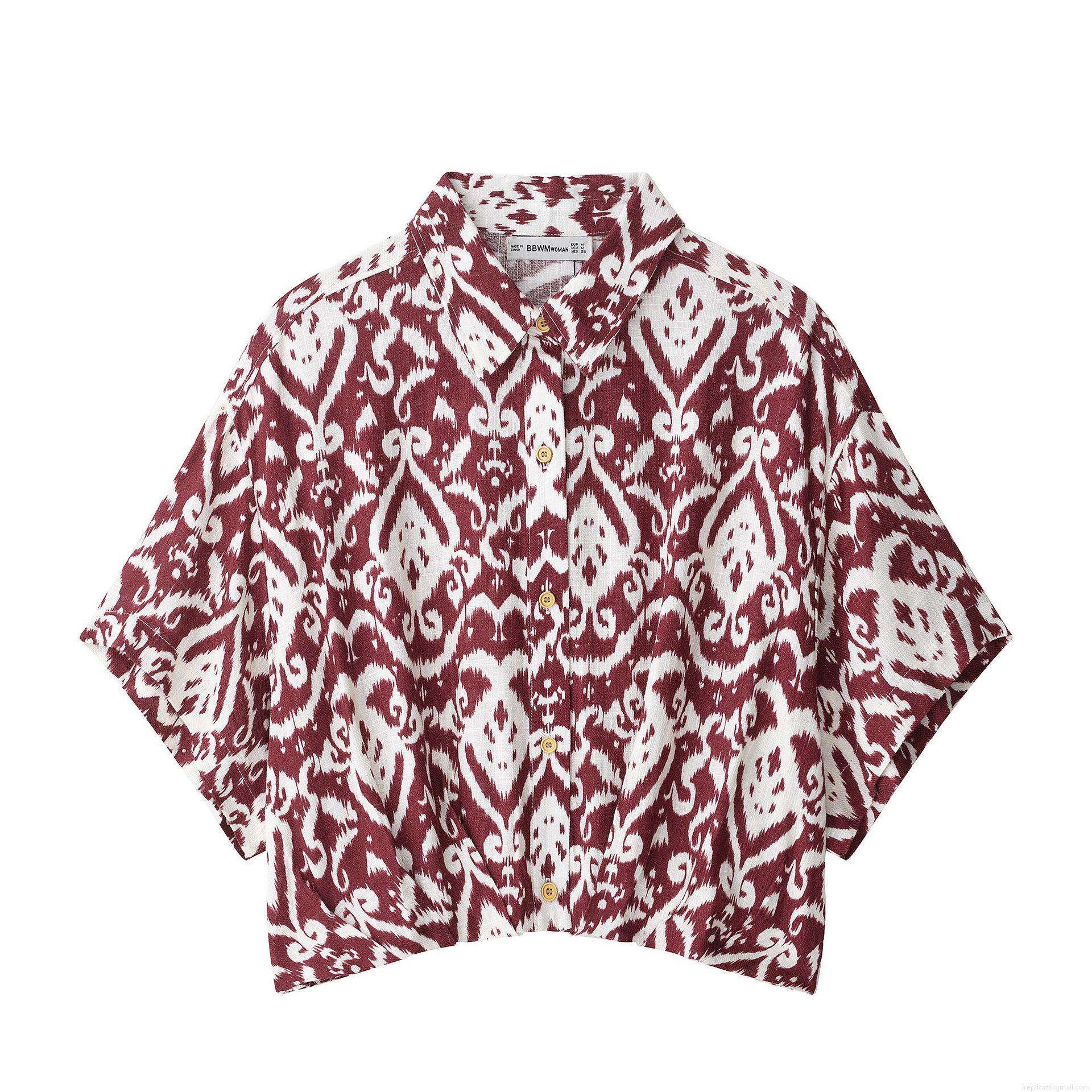Women's Fashion Ikat Print Short Sleeve Blouse Shirt Casual Button Down Blouse With Wooden Buttons Red White Ethnic Style Polyester Top