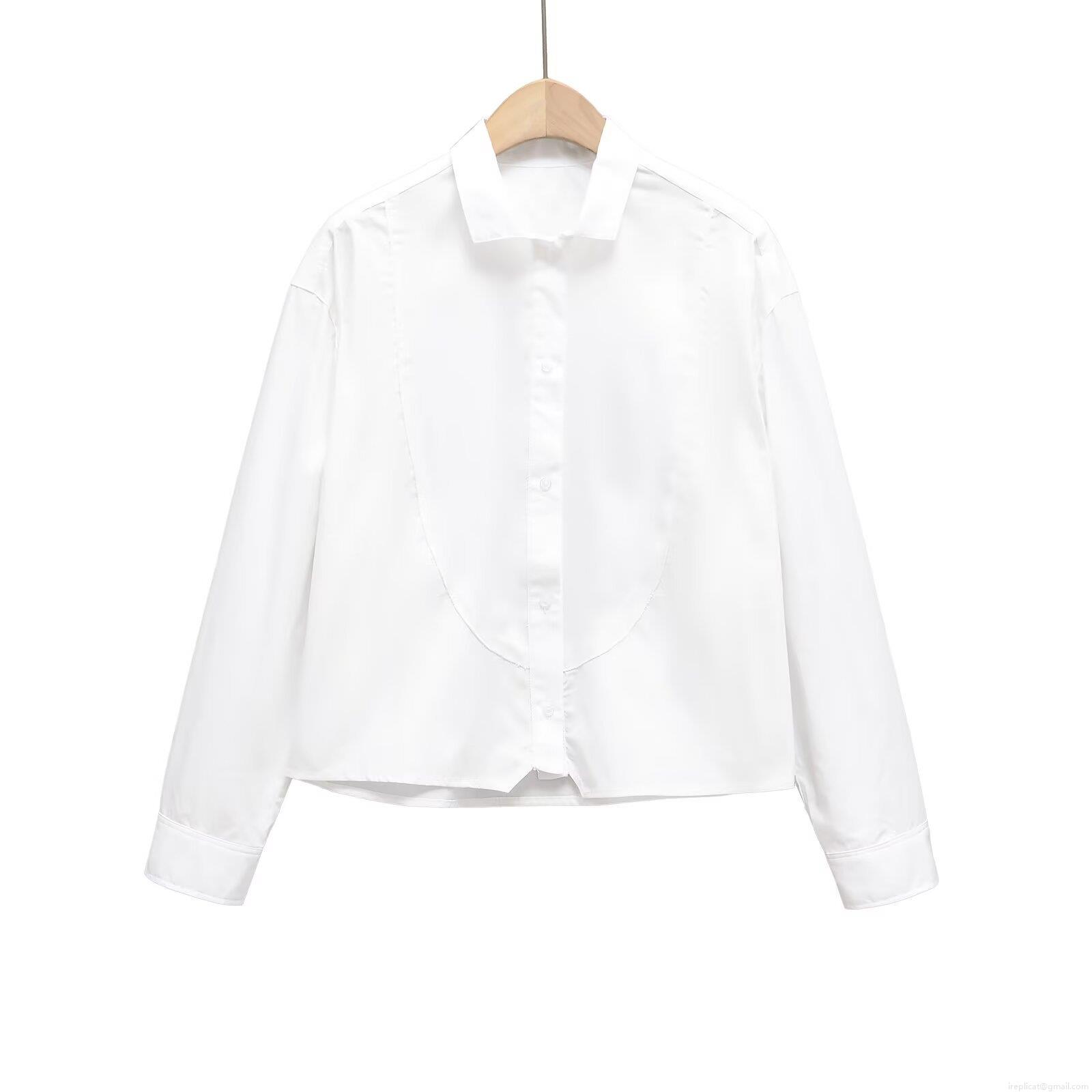 Women's French Commute Long Sleeve Shirt 100% Cotton Splicing Design Short Blouse Solid White Button Down Top For Ladies Office Daily Wear