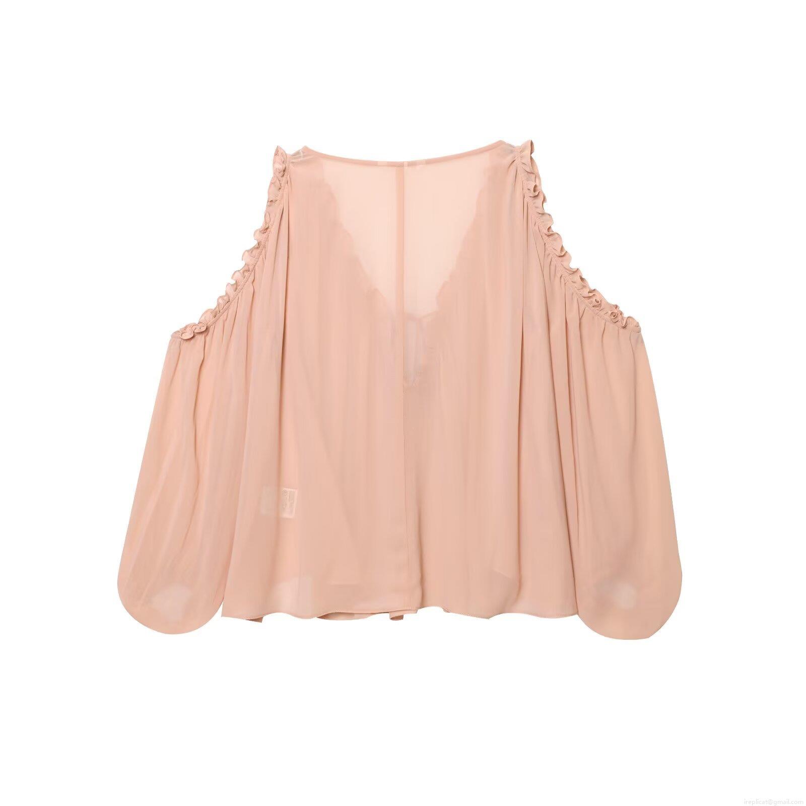 Women's Off Shoulder Ruffle Chiffon Blouse Pink Solid Color Lantern Sleeve Tie Front Sweet Elegant Lightweight Breathable Top For Daily Dating