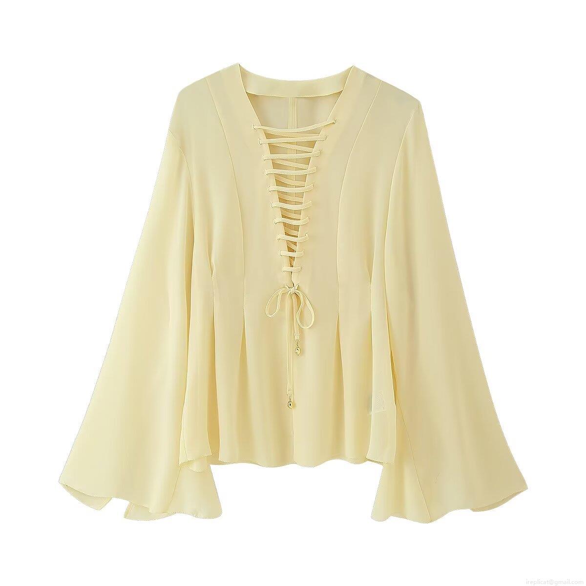 Women's Chiffon Blouse V Neck Tie Up Alloy Drops Flare Long Sleeve Loose Fit Solid Color Casual Top Elegant Breathable Shirt For Ladies Spring Daily Wear