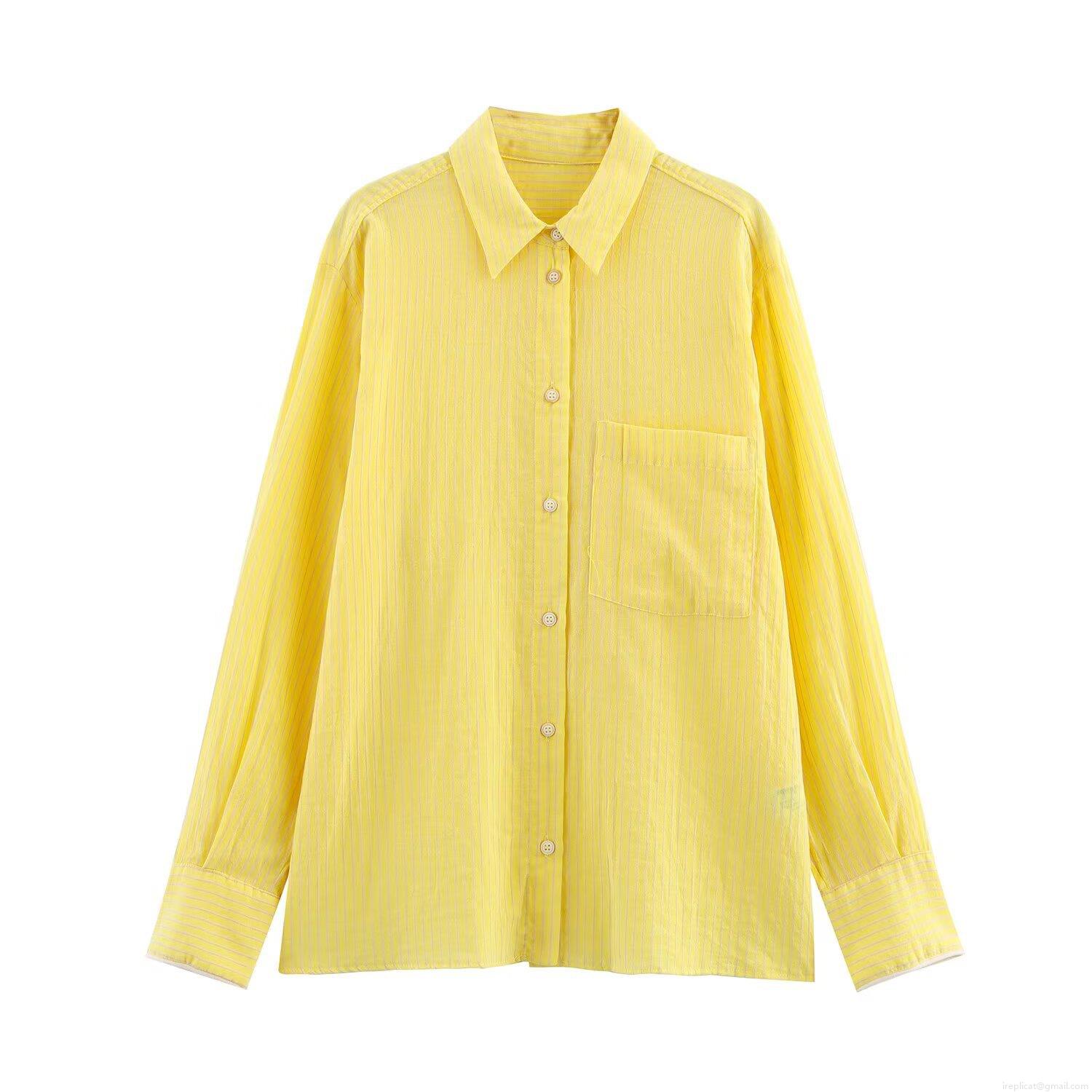 Women Fashion Striped Long Sleeve Shirt Button Down Casual Polyester Blouse Office Wear With Front Pocket