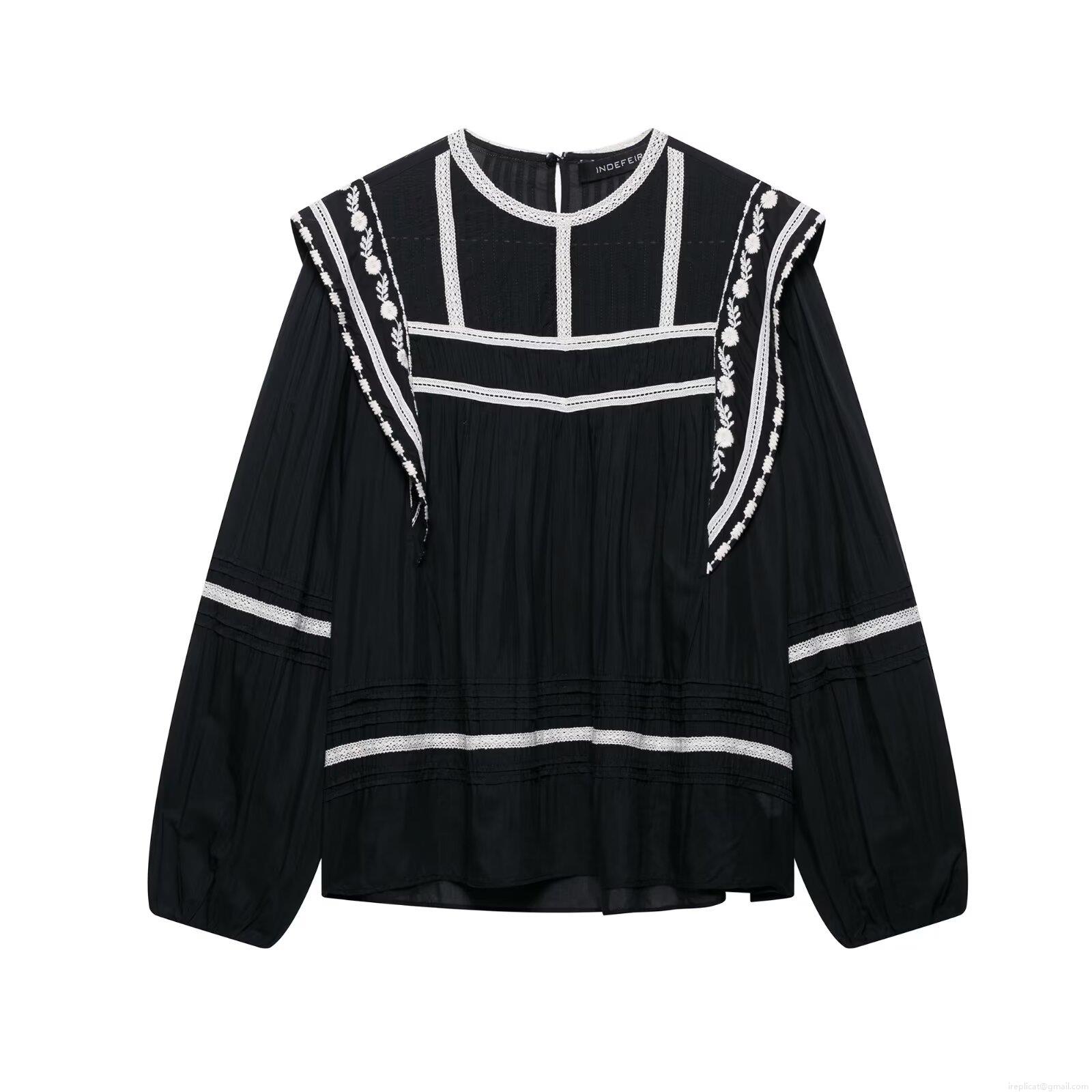 Women Retro Bohemian Long Sleeve Blouse With Contrast Flower Embroidery White Lace Trim Pleated Cotton Blend Shirt Casual Elegant Top