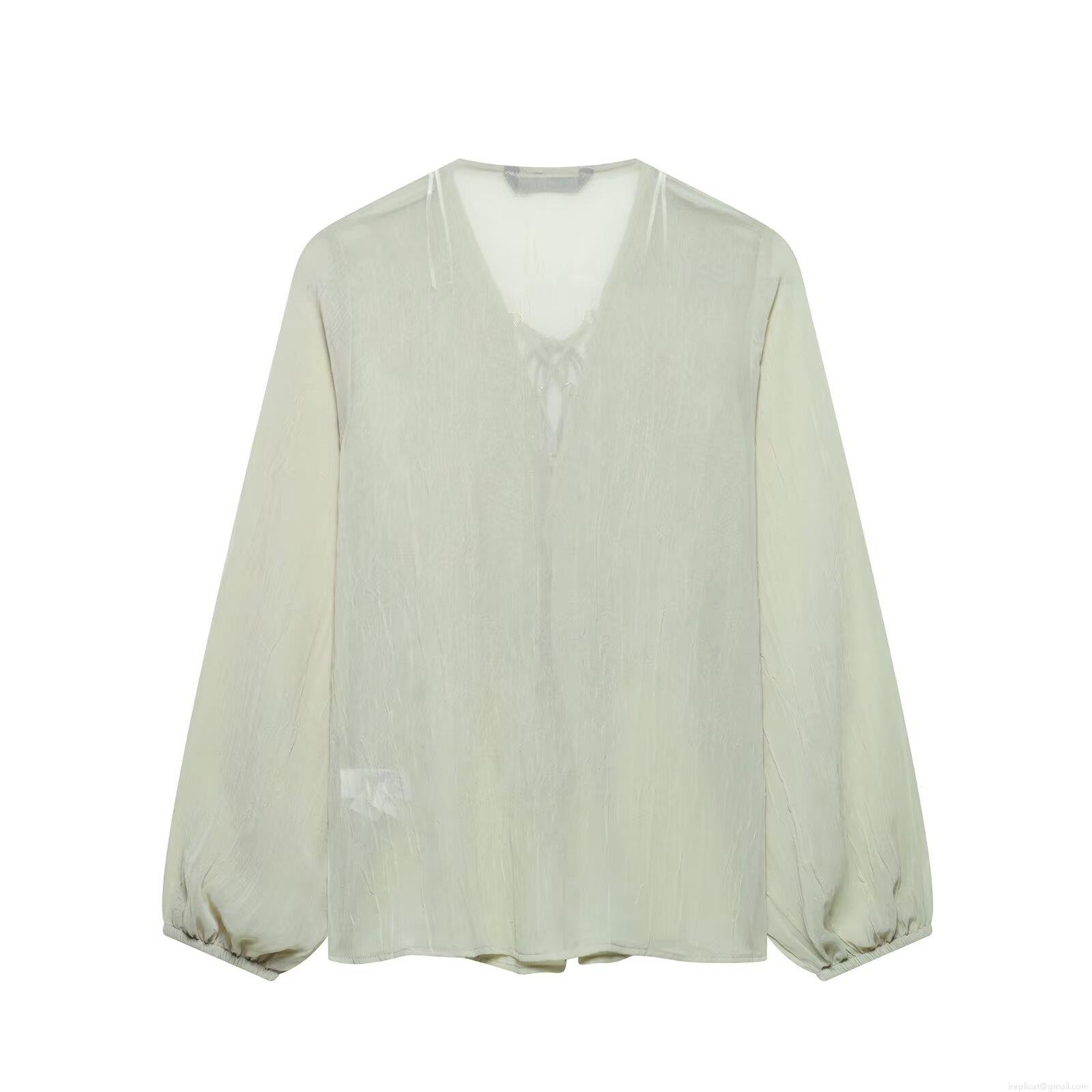 Women Layered Ruffle Blouse Elegant Polyester V Neck Tie Front Lantern Sleeve Pleated Semi-Transparent Shirt Sage Green Casual Party Tops for Women