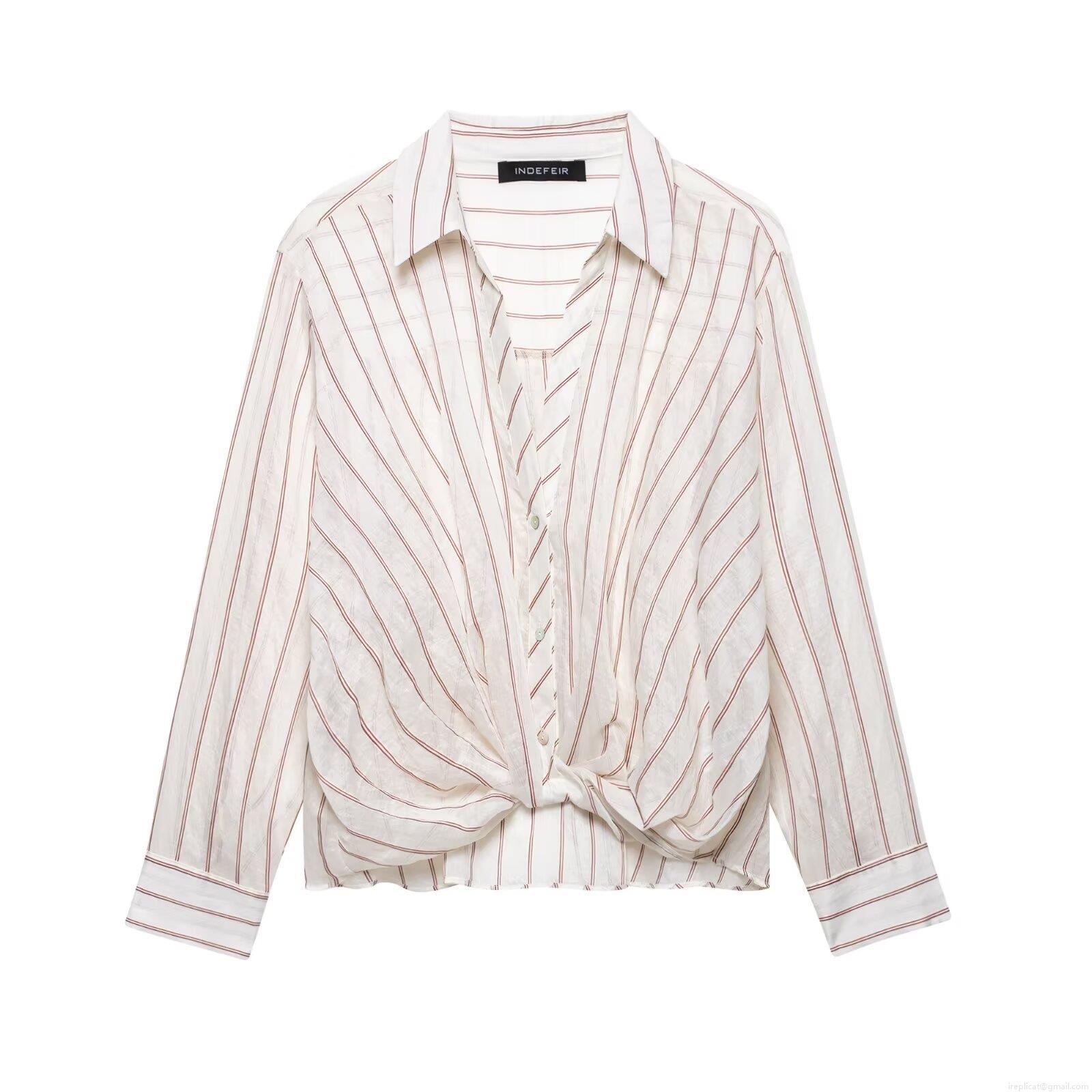 Women's Niche Design Vertical Striped Long Sleeve Shirt Twist Hem Detail Button Down Blouse Polyester Cotton Linen Blend Breathable Lightweight Casual Tops For Women Ladies Chic Vacation Daily Wear Shirt