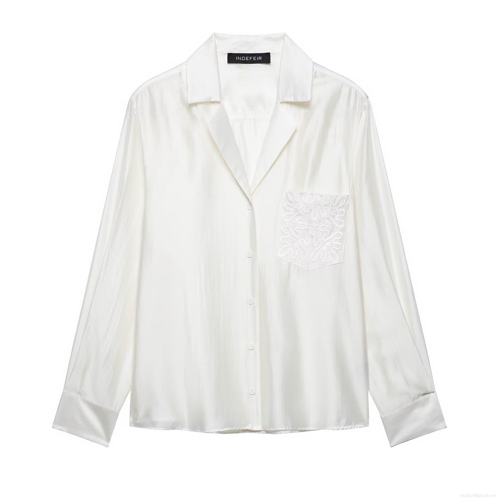 Elegant Women's Satin White Shirt With Embroidery Pocket Long Sleeve Button Down Blouse For Office Casual Party Lady Tops