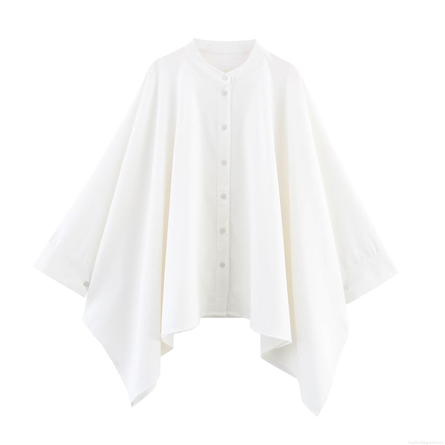 Women's Oversized White Cloak Style Shirt Linen Blend Irregular Hem Button Down Long Sleeve Blouse Casual European Fashion Tops