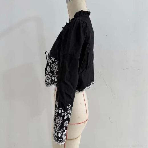 Women Embroidered Tie Front Blouse Polyester Cotton Floral Ruffle Long Sleeve Short Top For Casual Date Retro Sweet Fashion Ladies Shirt