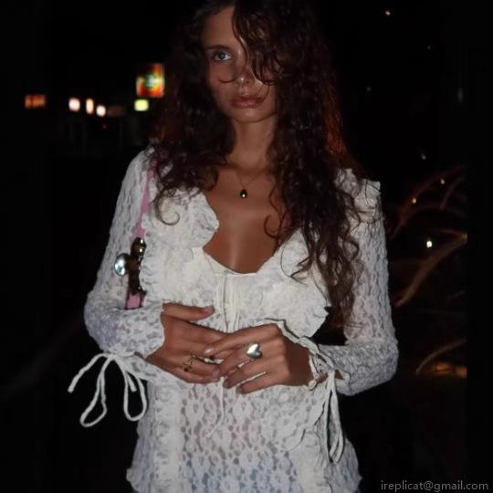 Women's Elegant White Lace Ruffle Long Sleeve Blouse Chic Tie-Up V-Neck Slim Fit Mesh Blouses For Women Socialite Party Dating Sweet Tops