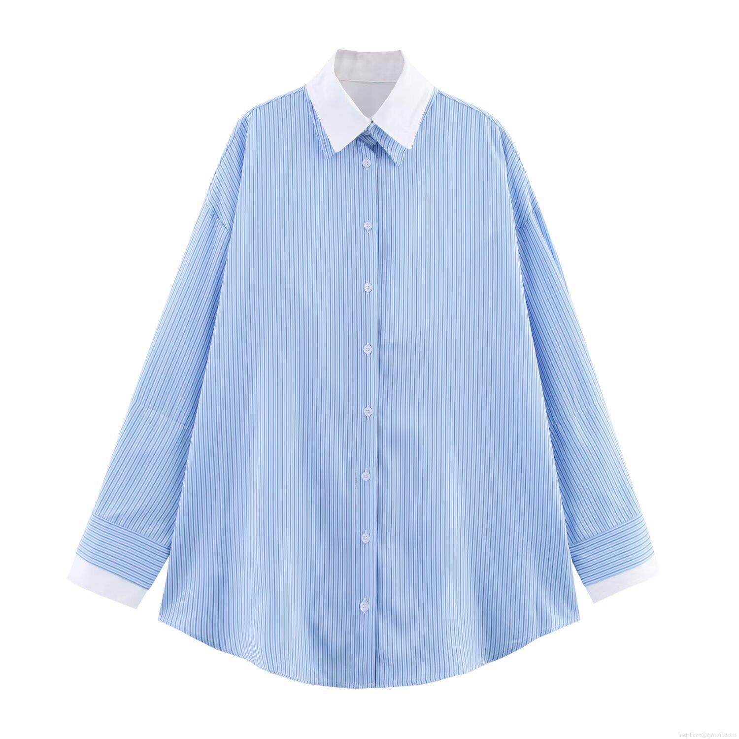 Women's Fashion Poplin Striped Shirt Contrast White Collar Long Sleeve Single Breasted Casual Blouse Office Lady Tops