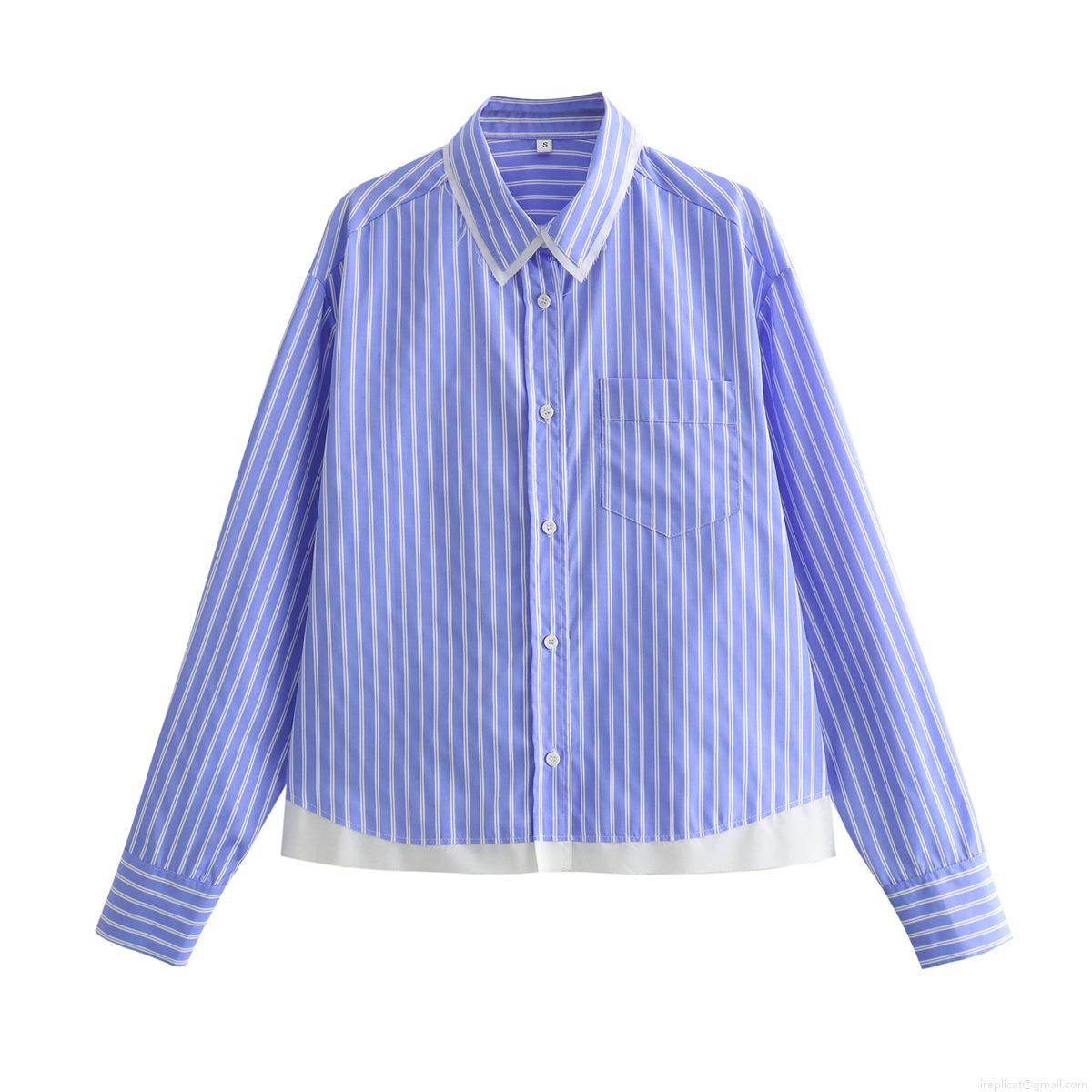 Women Fashionable Blue and White Vertical Striped Long Sleeve Shirt Contrast Fake Two-Piece Hem Button Down Collar Blouse with Pocket for Spring Autumn Daily Casual Office Lady Streetwear