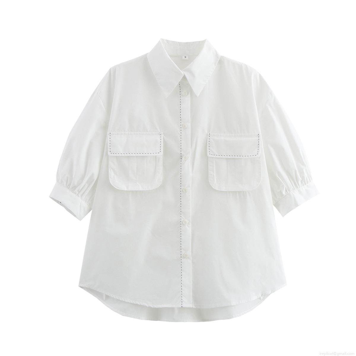 Women's White Contrast Stitching Short Sleeve Shirt With Double Flap Pockets Casual Workwear Loose Blouse Lady Sweet Woven Top