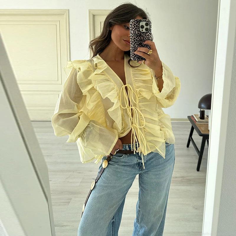 Women's Pale Yellow Tiered Ruffle Blouse Vintage Tie-Front Long Flare Sleeve Sheer Chiffon Top For Dating Daily Wear