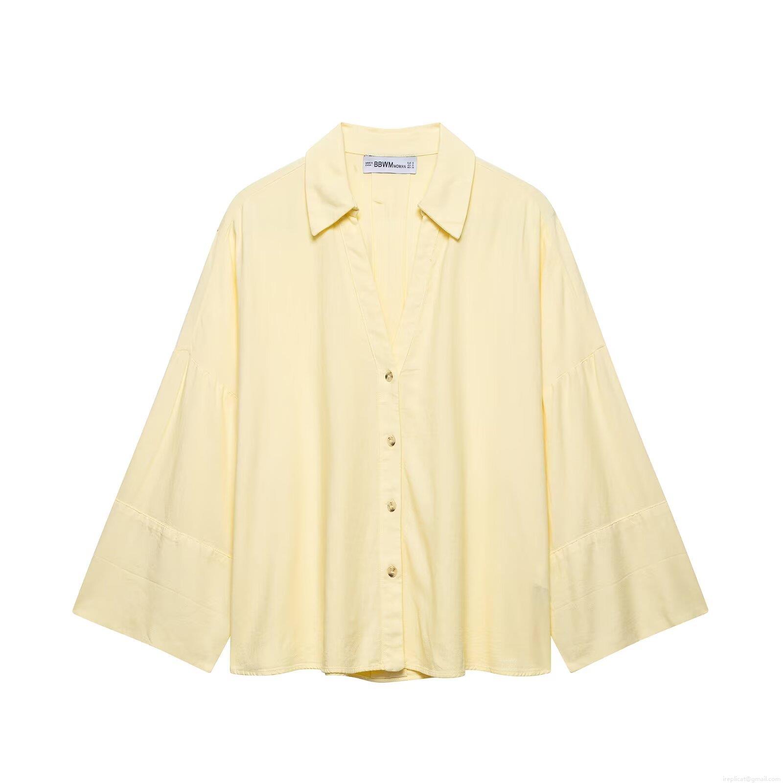Women's Oversized Lantern Sleeve Shirt Lightweight Polyester Solid Color Blouse V-Neck Single-Breasted Casual Top For Daily Streetwear