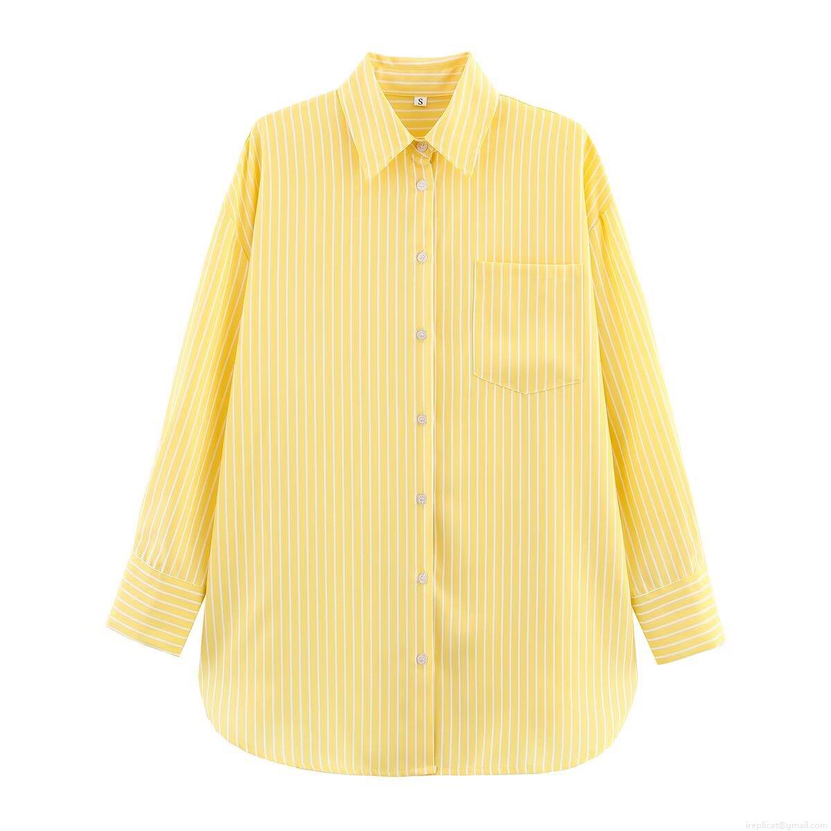 Women Casual Yellow White Vertical Striped Shirt Long Sleeve Button Down Blouse With Chest Pocket Loose Fit Soft Polyester Tops For Daily Vacation Spring Autumn Lady