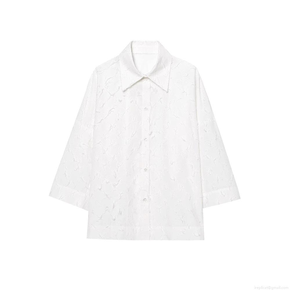 Women's White Long Sleeve Blouse Elegant 3D Feather Texture Jacquard Shirt Single Breasted Lapel Collar Button Up Casual Office Streetwear Chic Top
