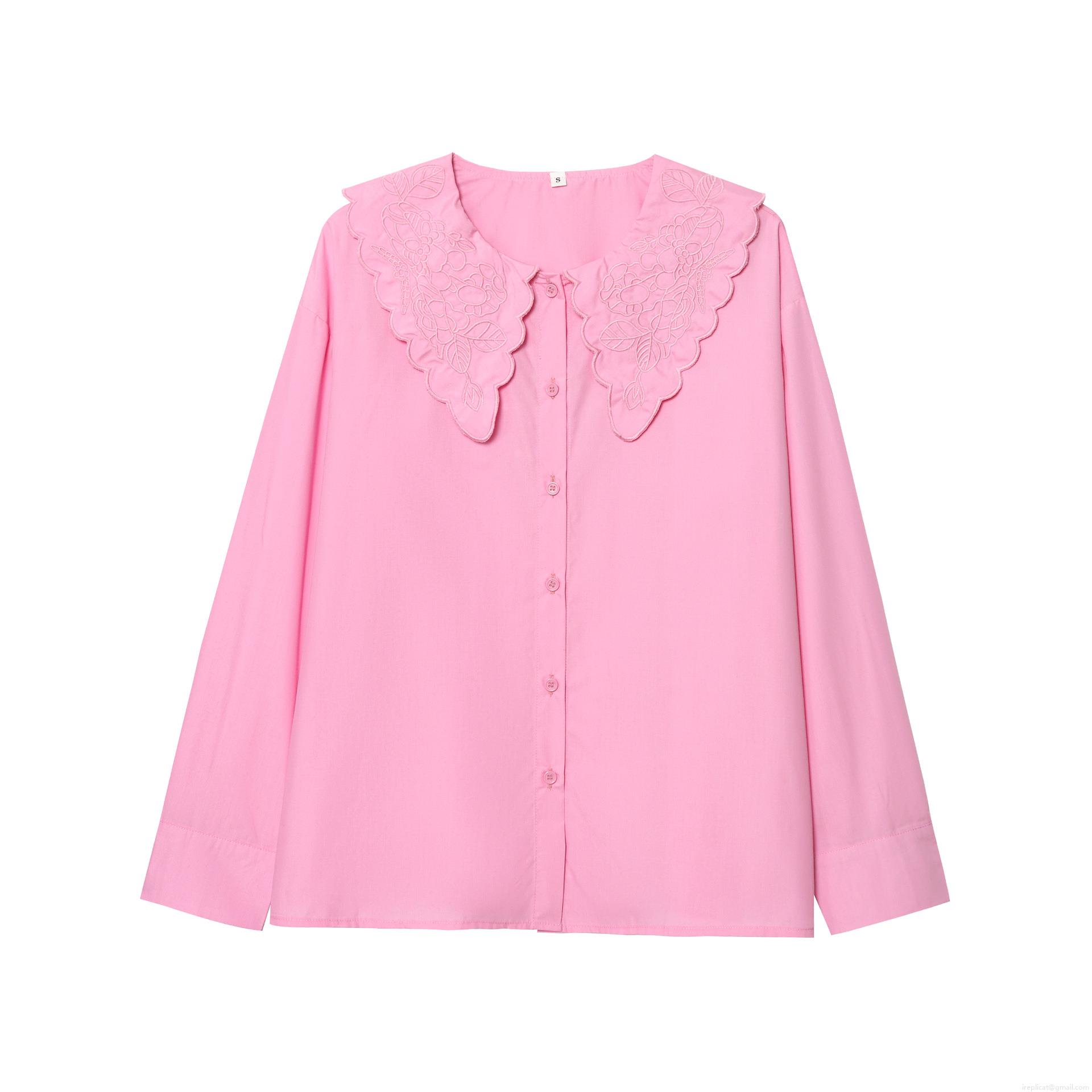 Women's Elegant 100% Polyester Embroidered Large Scalloped Collar Blouse Fashion Casual Loose Long Sleeve Button Down Shirt For Women