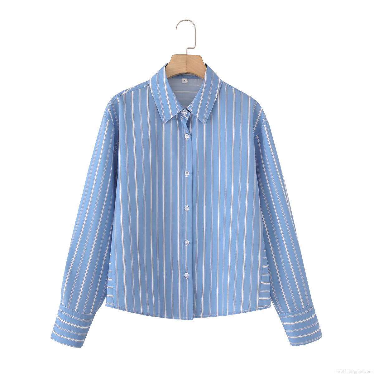 Women's Long Sleeve Striped Poplin Cotton Shirt Classic Lapel Button Down Blouse For Office Daily Casual Lady Modern Spring Fashion Top