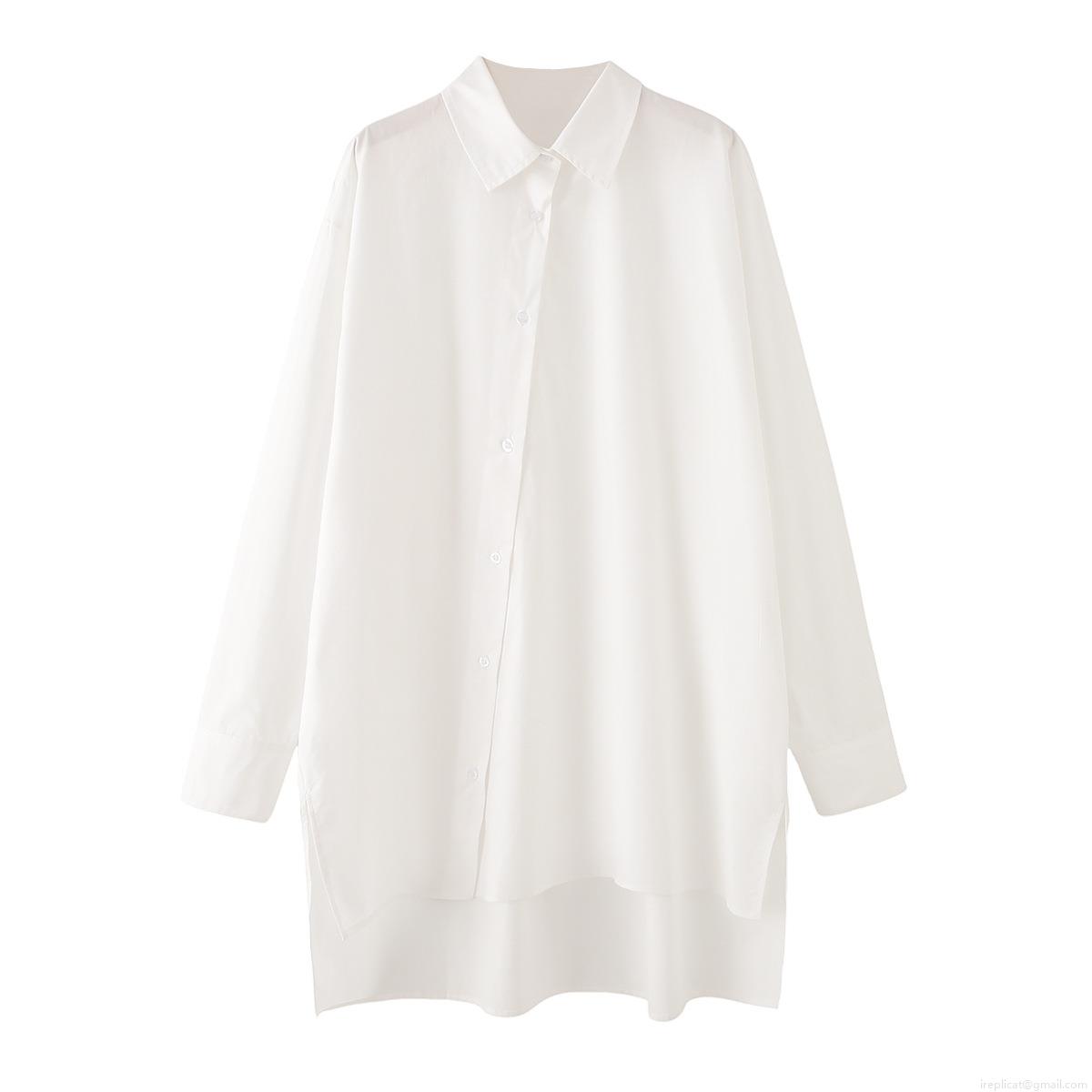Women's 100% Cotton Poplin Long Sleeve Shirt Oversized Irregular Hem Side Split Button Down Blouse Top For Casual Daily Fashion