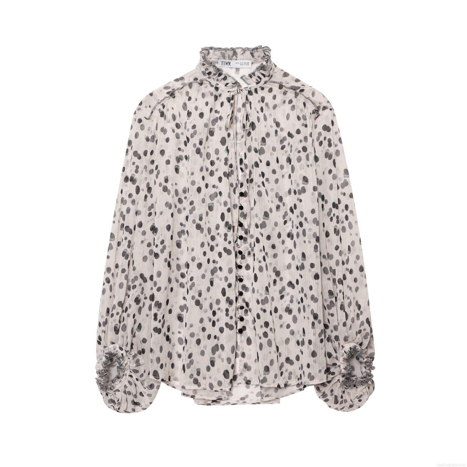 Women's Polka Dot Chiffon Blouse Long Sleeve Ruffle Stand Collar Button Down Shirt Casual Lightweight Tops For Office Daily Ladies Sweet Style