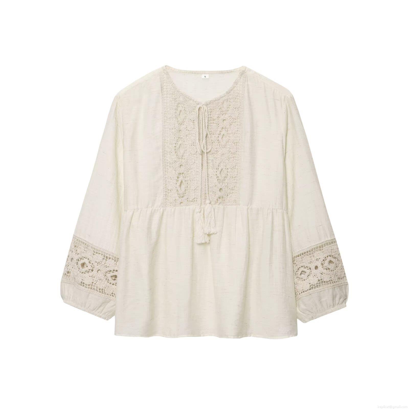 Women's Bohemian Lace Crochet Blouse Splice Long Sleeve Shirt Tassel V-Neck Cotton Linen Blend Top Vacation Casual Elegant Apparel Ladies Clothing
