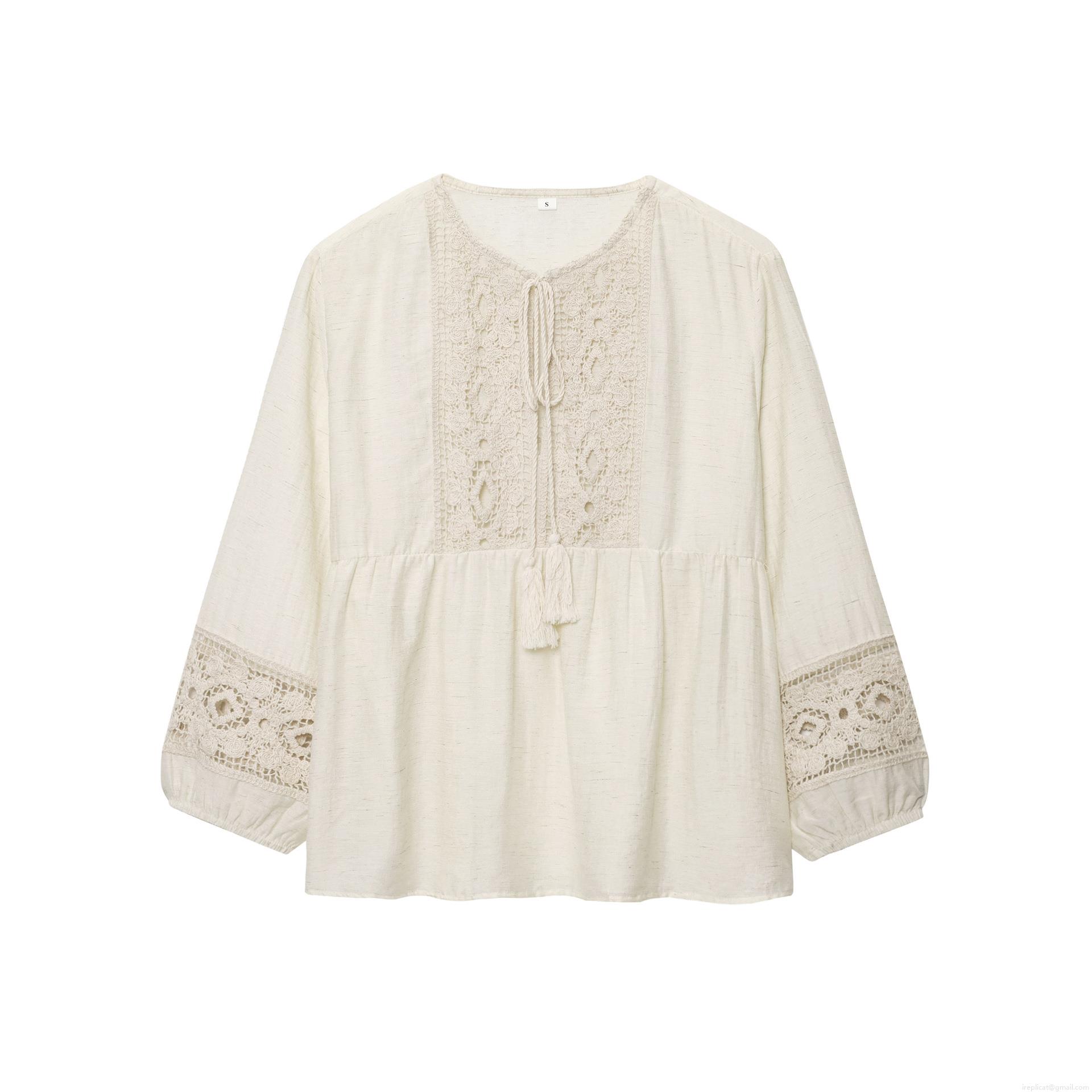 Women's Bohemian Long Sleeve Blouse Crochet Lace Patchwork Shirt With Tassel Tie Round Neck Solid Color Top For Vacation Daily Wear