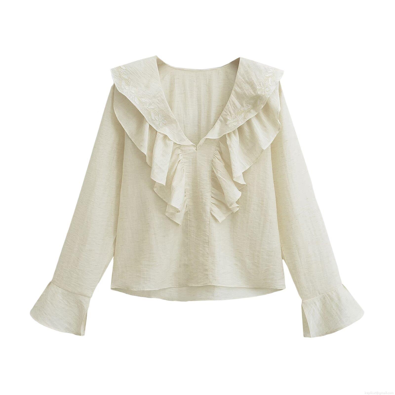 Women's V-Neck Long Sleeve Embroidered Blouse With Ruffles Elegant Polyester Chiffon Shirt For Daily Dating Sweet Retro Style Top