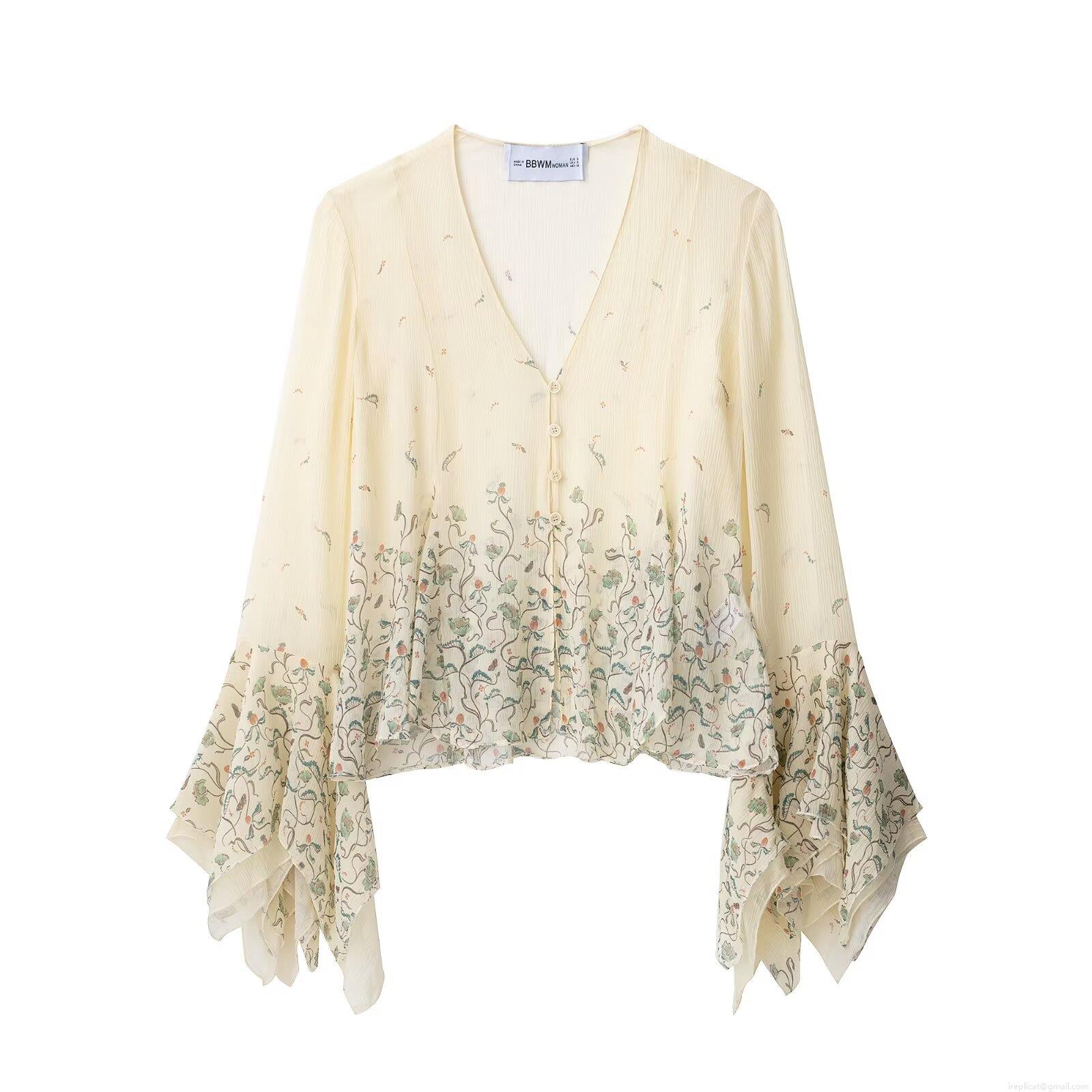 Elegant Women's Polyester Silk Blend Floral V-Neck Chiffon Blouse Long Flare Sleeve Printed Shirt Bohemian Style Casual Tops