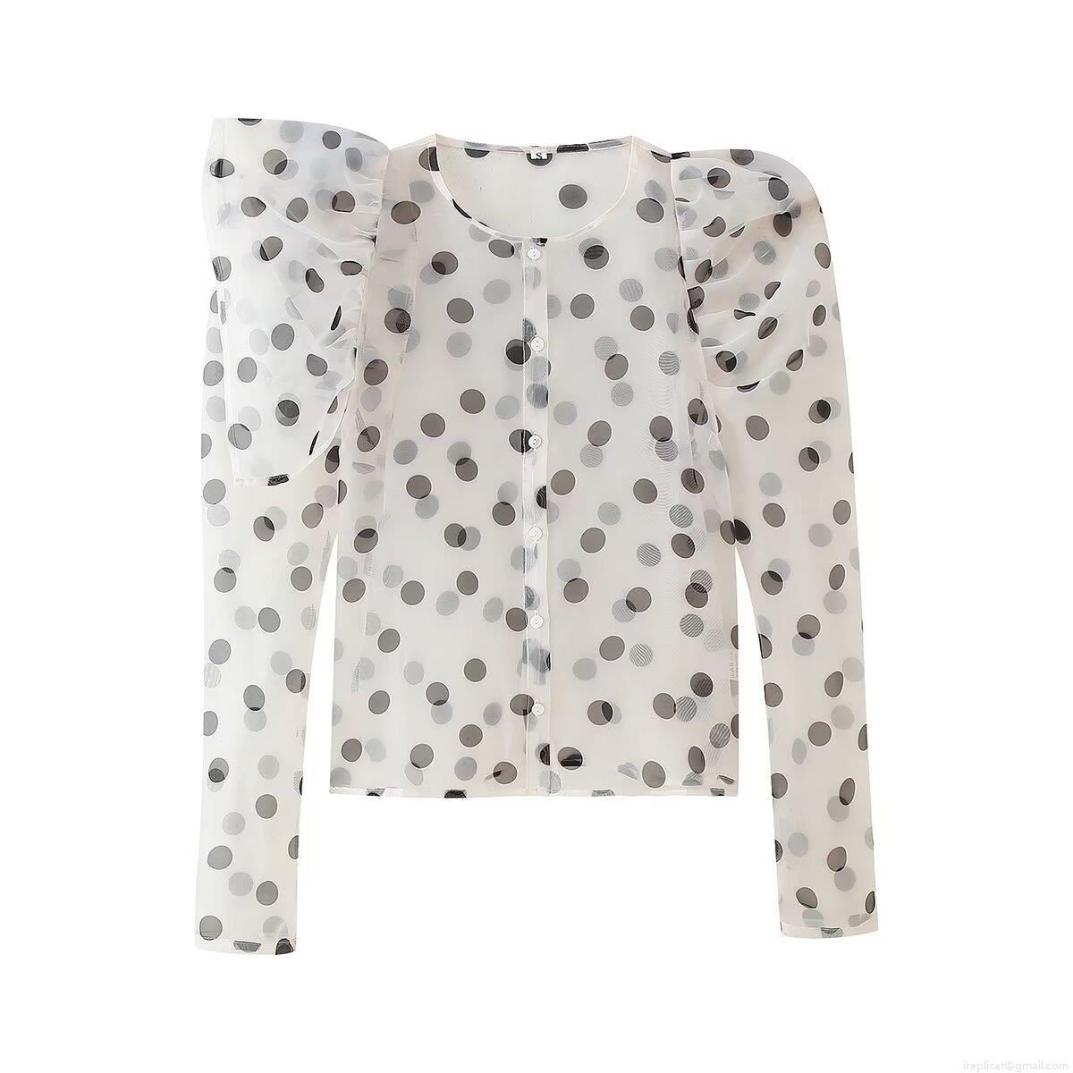 Women's Polka Dot Organza Mesh Shirt Elegant Sheer Puff Long Sleeve Button Down Blouse For Daily Party Sweet Socialite Style Top