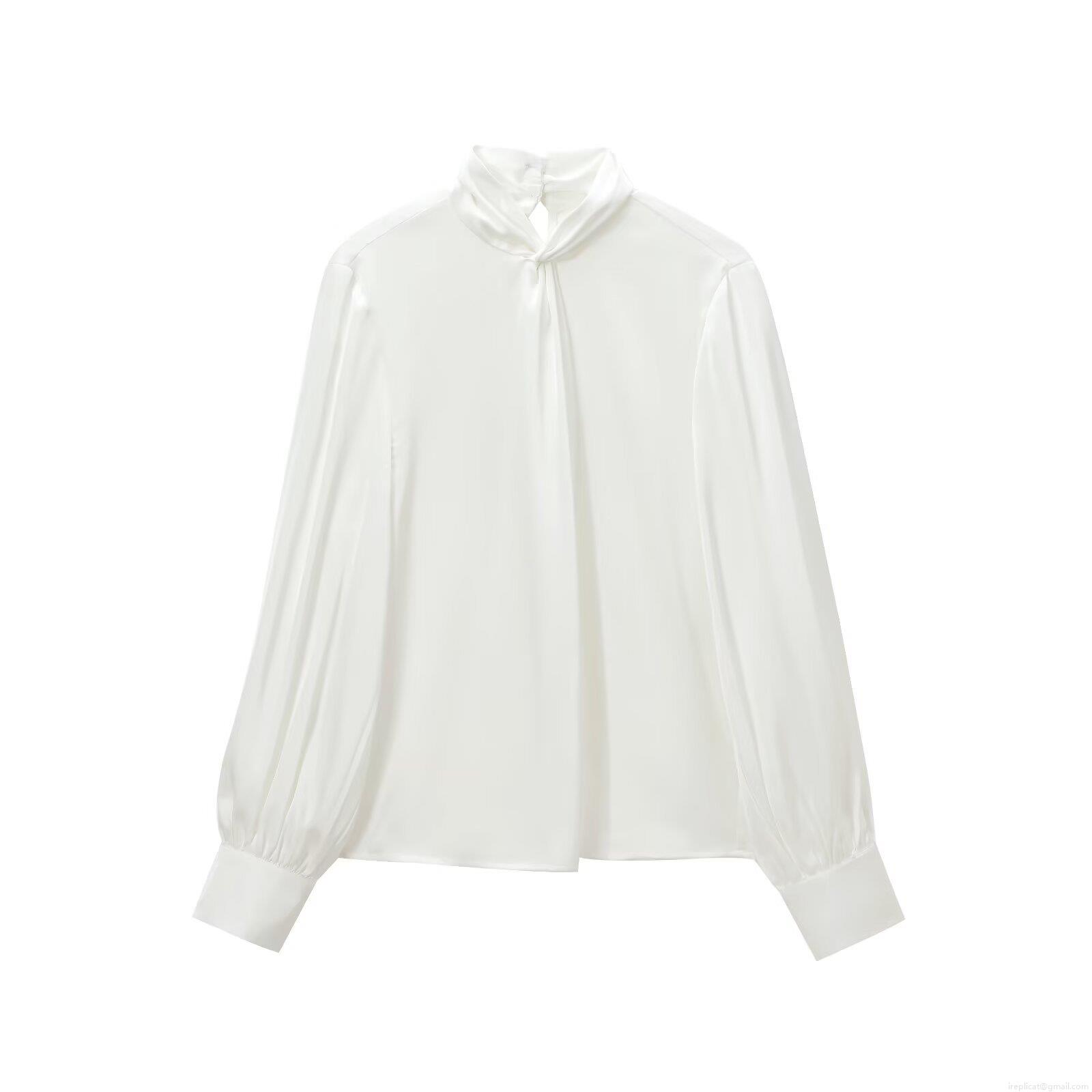 Women Elegant Twist Knot Mock Neck Satin Blouse Long Sleeve Acetate Polyester Solid Color Shirt For Office Party Casual Fashion Tops
