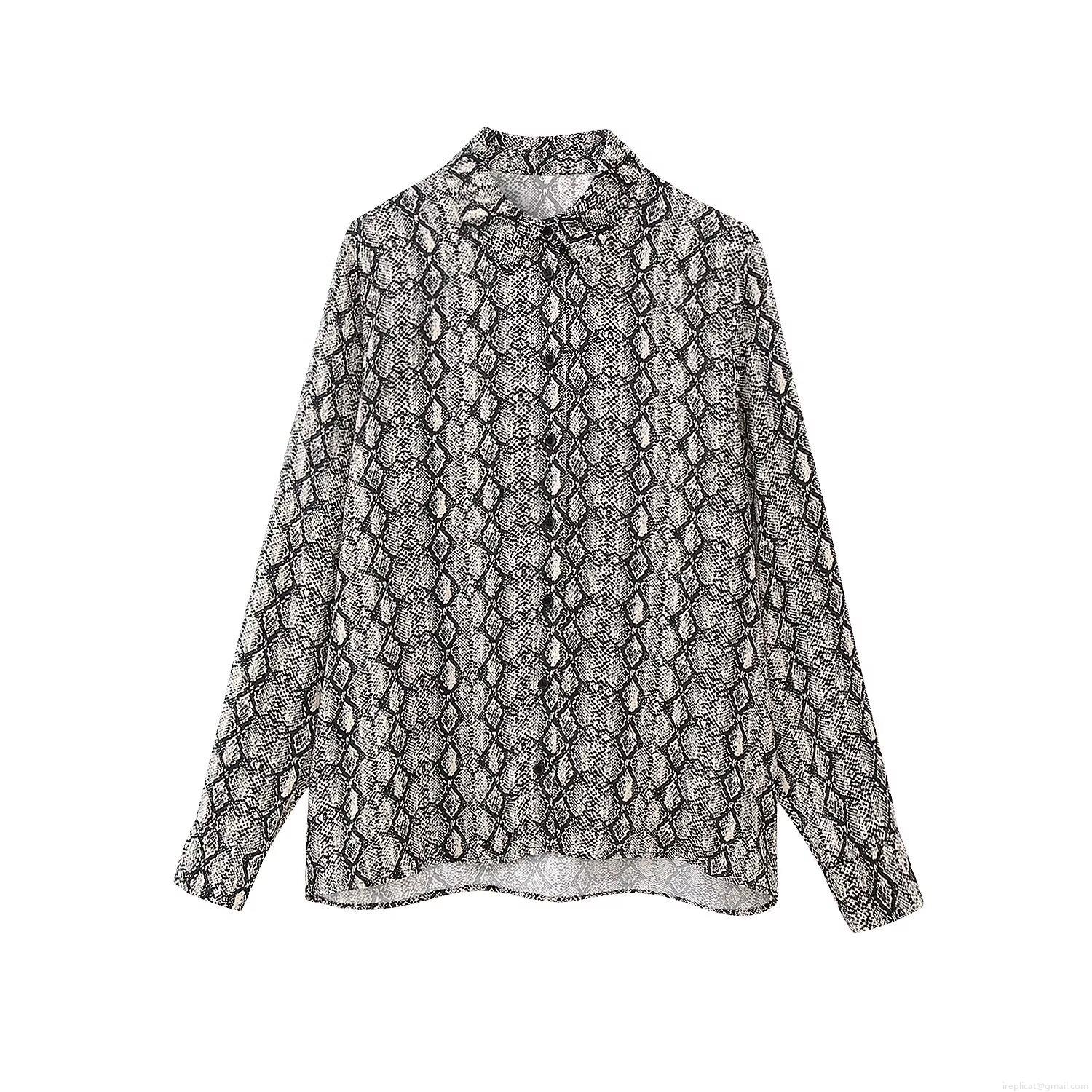 Elegant Snake Print Long Sleeve Shirt For Women 100% Polyester Button Down Lapel Blouse Casual Office Party Tops