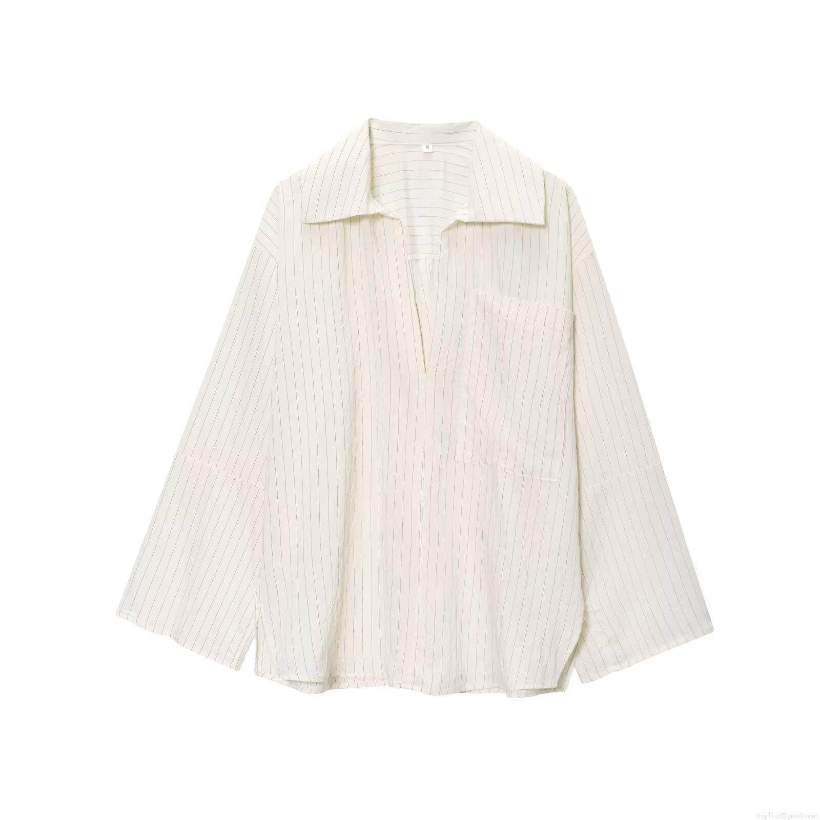 Women's Casual Striped Long Sleeve Tencel Polyester Blouse Shirt With V Neck Side Slit And Large Pocket For Daily Office Wear