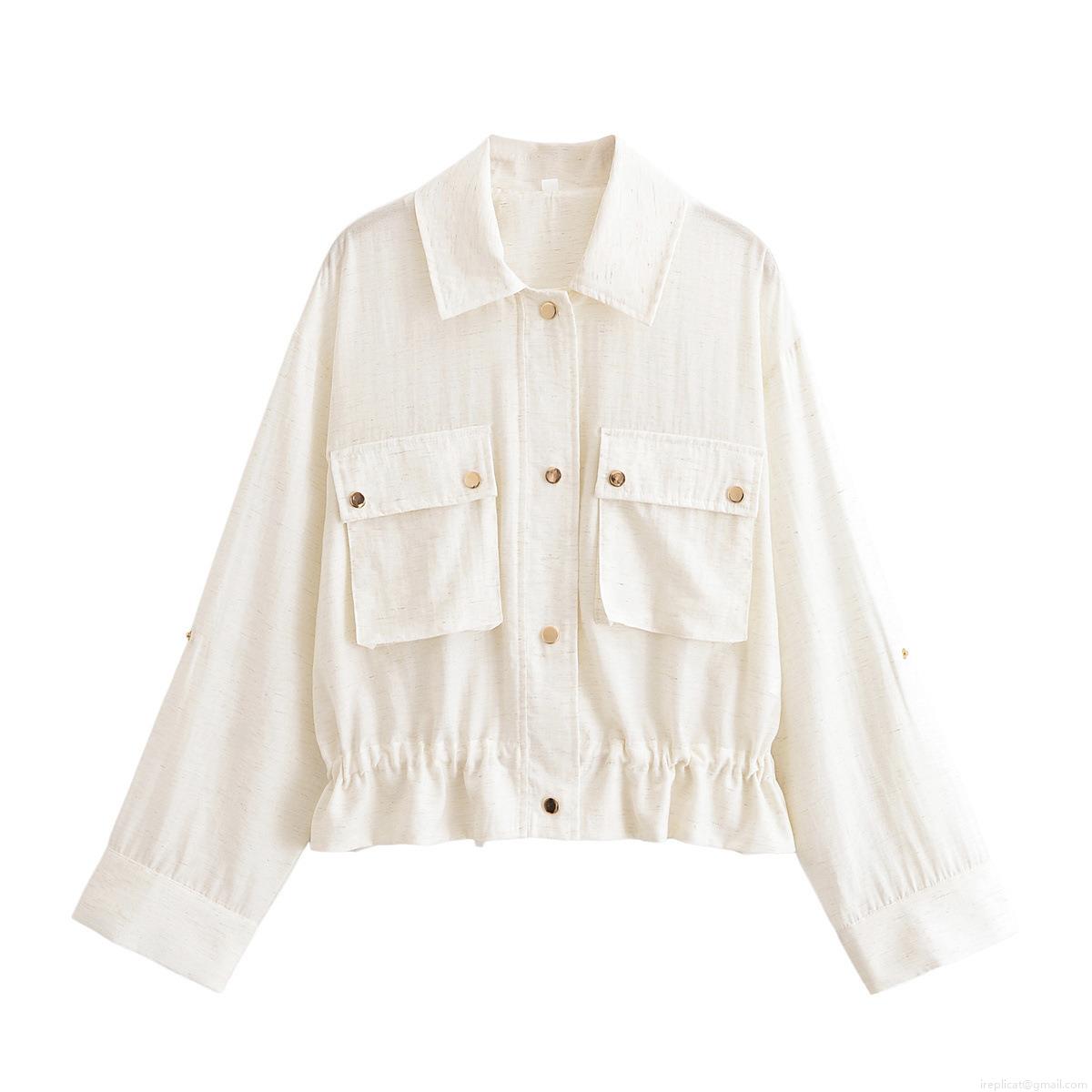 Women's Safari Style Long Sleeve Shirt Jacket Polyester Linen Texture Blouse With Flap Pockets Elastic Ruffled Hem Gold Buttons Casual Tops