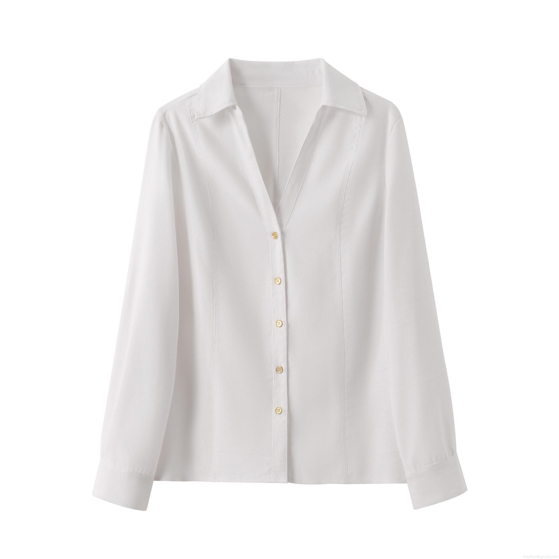 Women's Casual V Neck Long Sleeve Shirt Polyester Blouse With Gold Buttons Roll Up Sleeve Standard Fit Top For Office Daily Fashion White Shirt