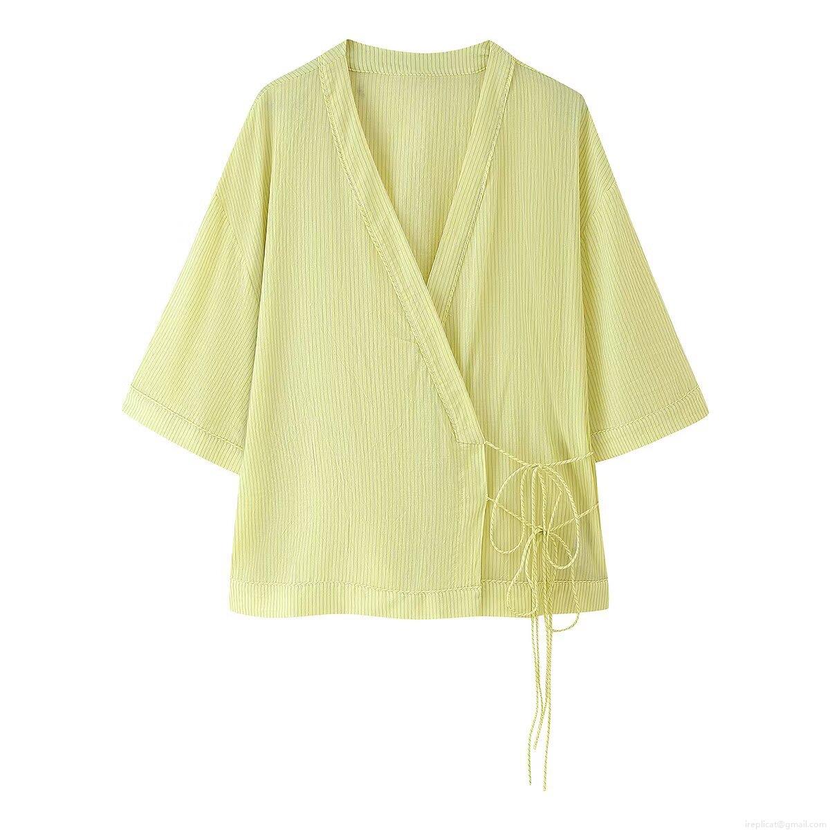Women's Casual Striped Wrap Shirt V-Neck 3/4 Sleeve Kimono Style Tie-Waist Blouse Elegant Polyester Top For Daily Party Streetwear Fashionable Apparel