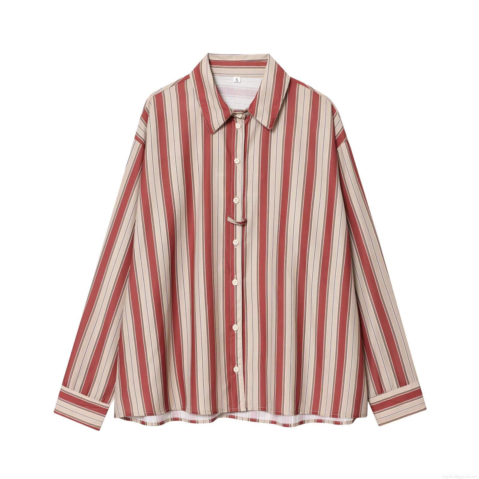 Women's Fashion Vertical Striped Long Sleeve Button Down Blouse Top With Back Strap Design Casual Loose Fitting Shirt For Office Dating