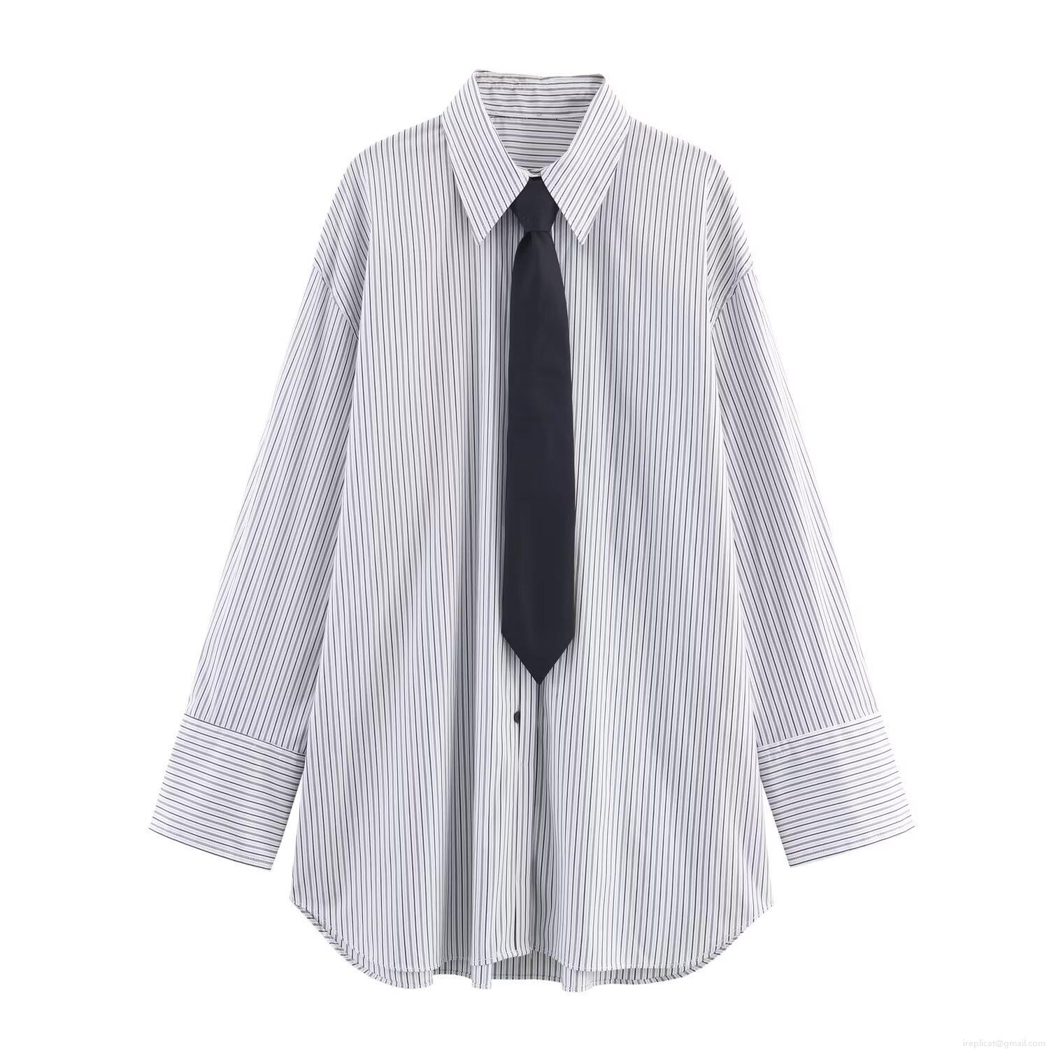 Women's Vertical Striped Poplin Shirt With Black Tie Long Sleeve Button Down Blouse Preppy Style Office Business Casual Fashion Tops For Ladies