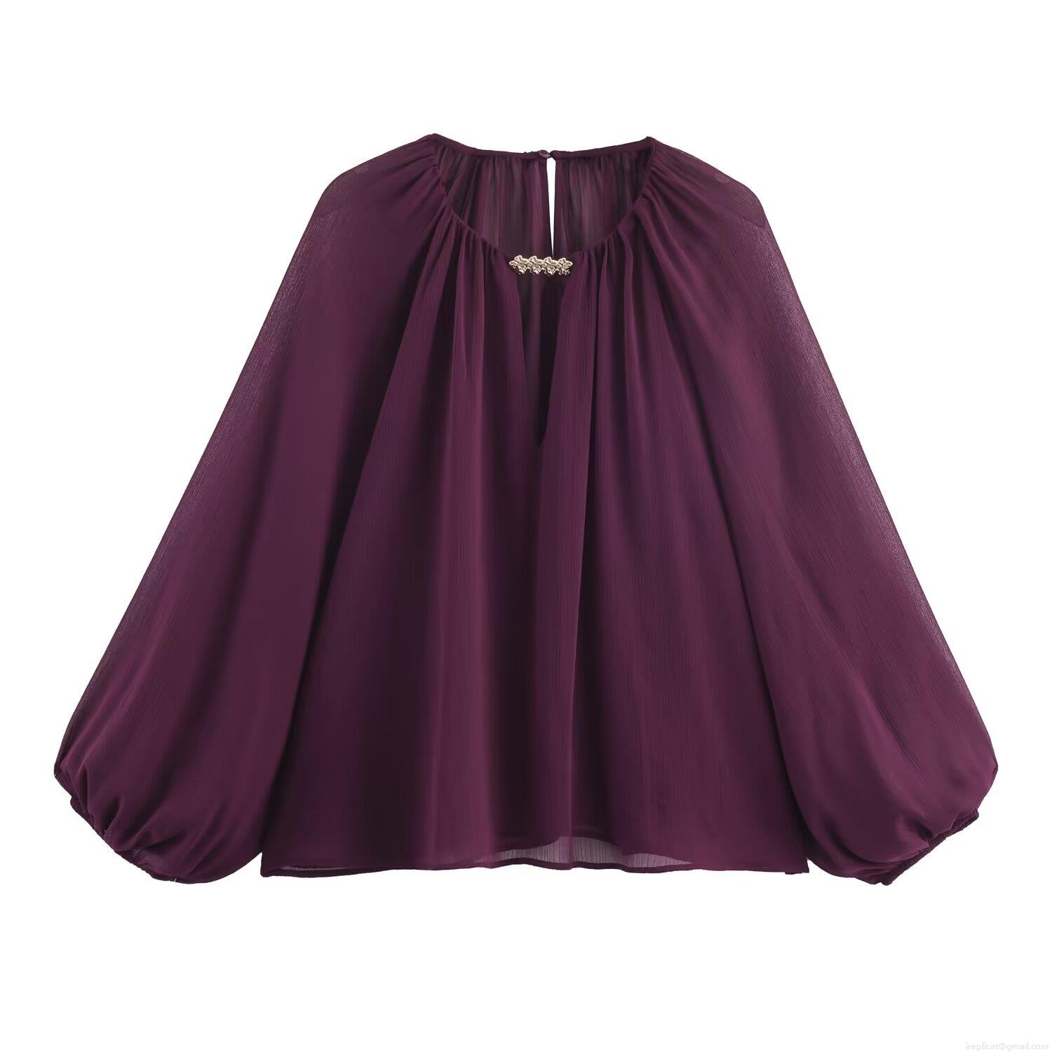 Women's Chiffon Blouse Elegant V-Neck Long Lantern Sleeve Top With Gold Metal Rhinestone Decoration Solid Wine Red Casual Loose Pullover Shirt For Women