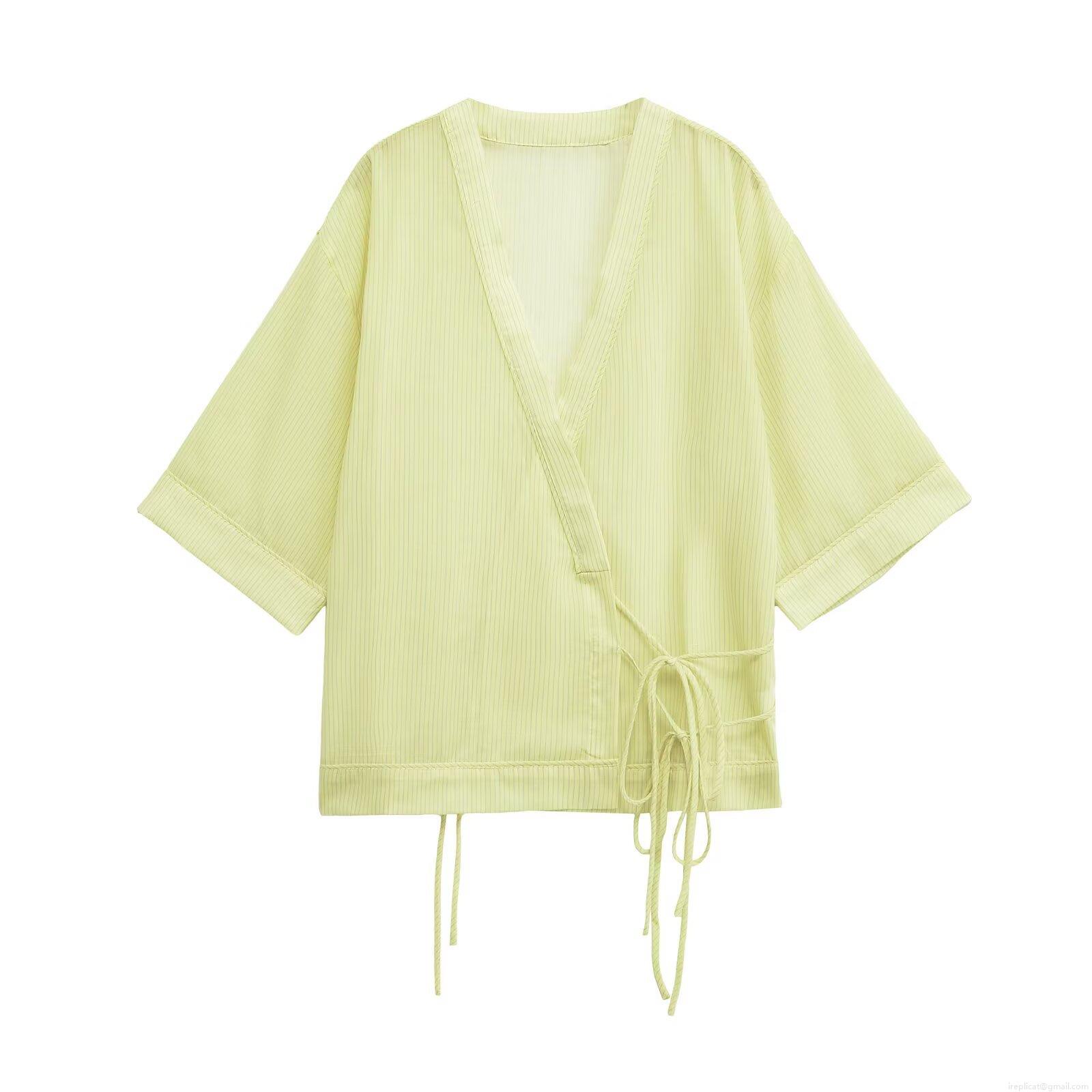 Women's Fashion Striped Kimono Cardigan With Side Tie V Neck Loose Half Sleeve 100% Polyester Blouse Top For Summer Vacation Daily Wear Ladies Casual Outerwear
