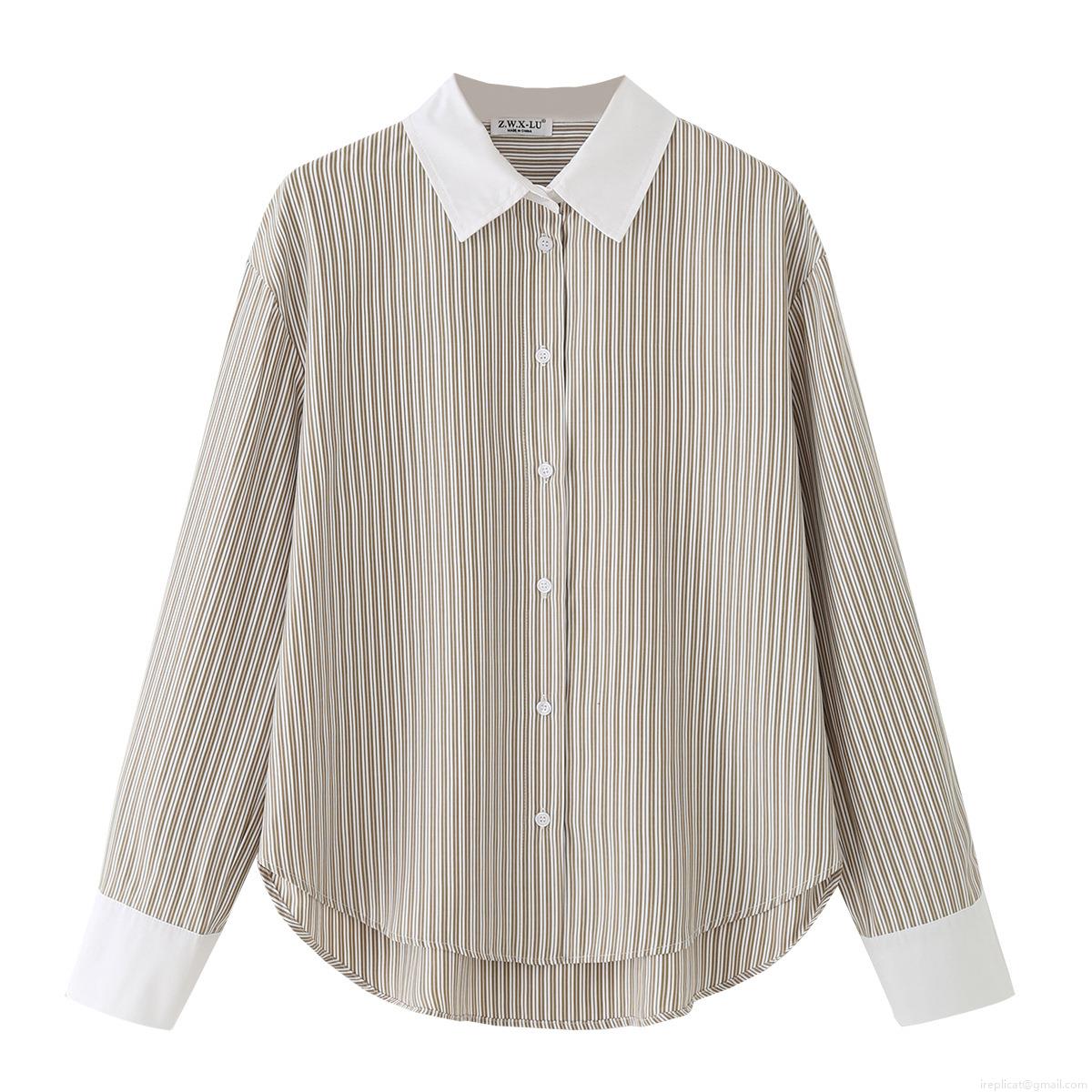 Women's 100% Cotton Striped Long Sleeve Shirt Casual Color Block Lapel Loose Button Down Blouse For Office Daily Wear Fashion Top
