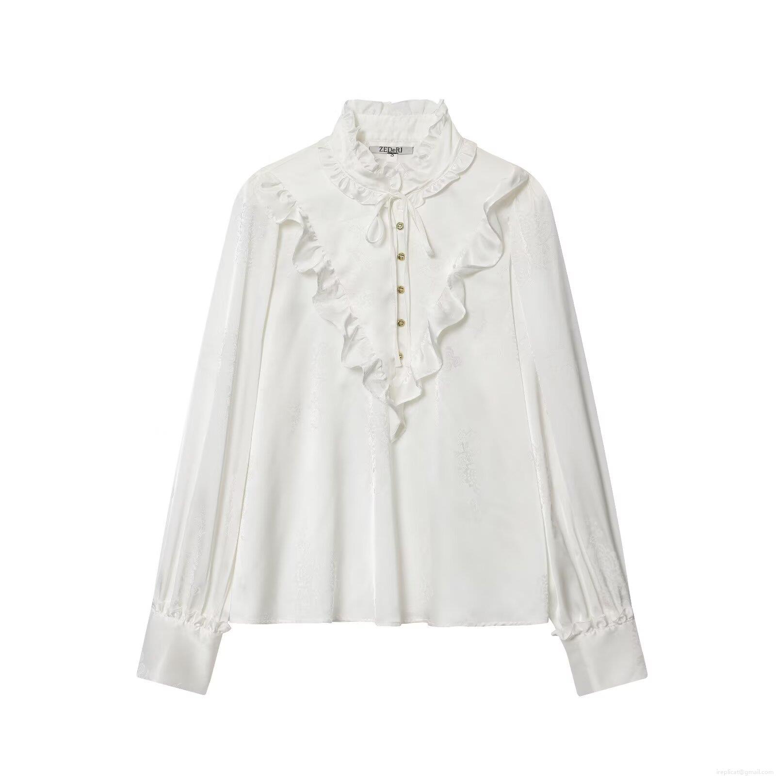 Elegant White Satin Jacquard Women Blouse With Ruffle Stand Collar Gold Buttons Long Sleeve Polyester Shirt Vintage Socialite Tops For Party Daily