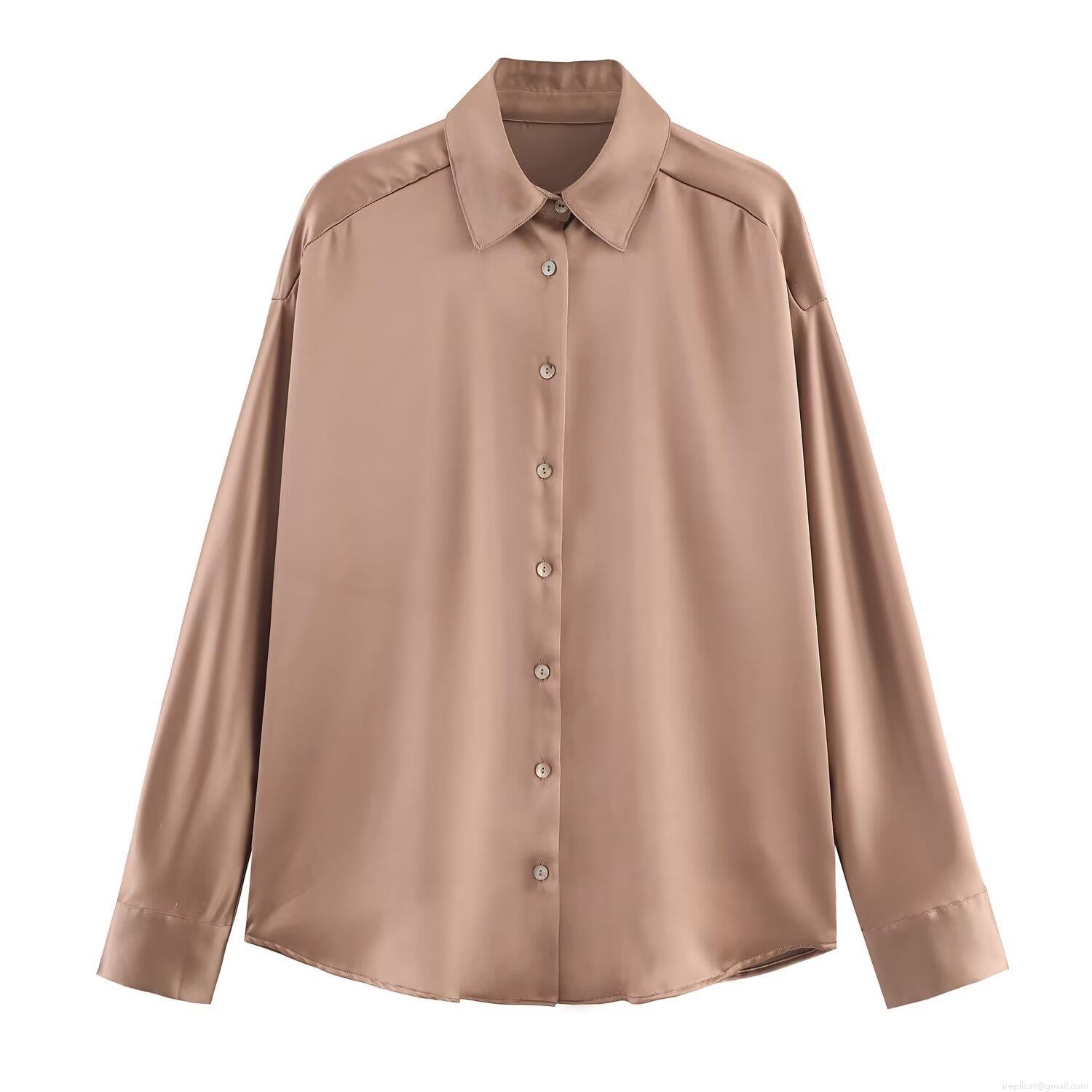 Women's Satin Silk Textured Button Down Shirt Elegant Long Sleeve Lapel Blouse Office Work Casual Drop Shoulder Glossy Satin Blouse Tops For Women