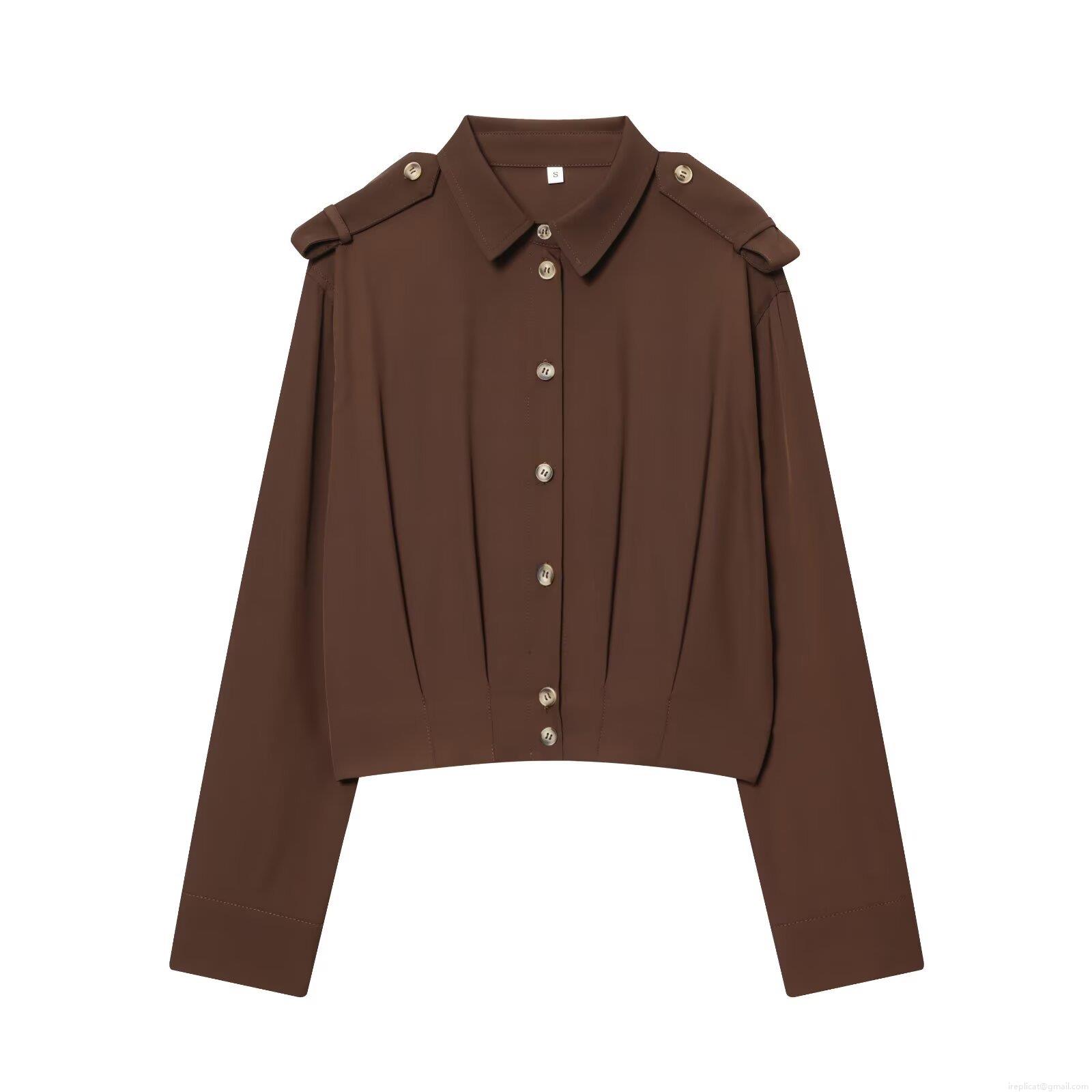 Women's Casual Polyester Long Sleeve Shirt Fashion Solid Color Turn-down Collar Blouse With Shoulder Straps Elastic Hem Single Breasted Top For Daily Work