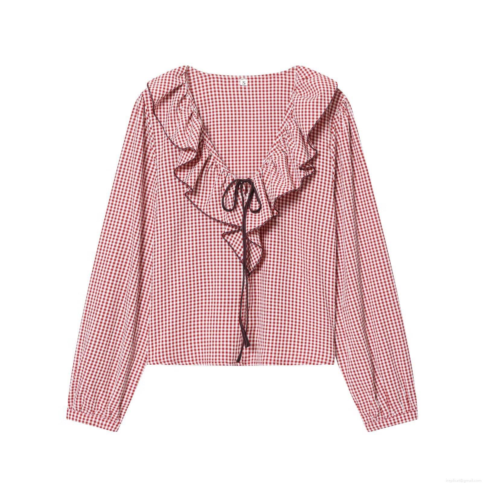 Women's Red White Gingham Ruffle V-Neck Long Sleeve Blouse Vintage Checkered Tie-Front Shirt Top Polyester Casual Sweet Style Ladies Spring Autumn Wear
