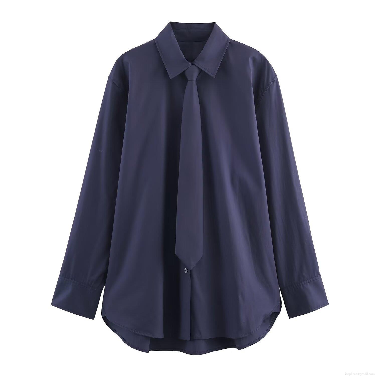 Fashion Women Long Sleeve Poplin Shirt With Tie Casual Navy Blue Solid Color Turn-down Collar Single-breasted Office Blouse Elegant Tops For Lady